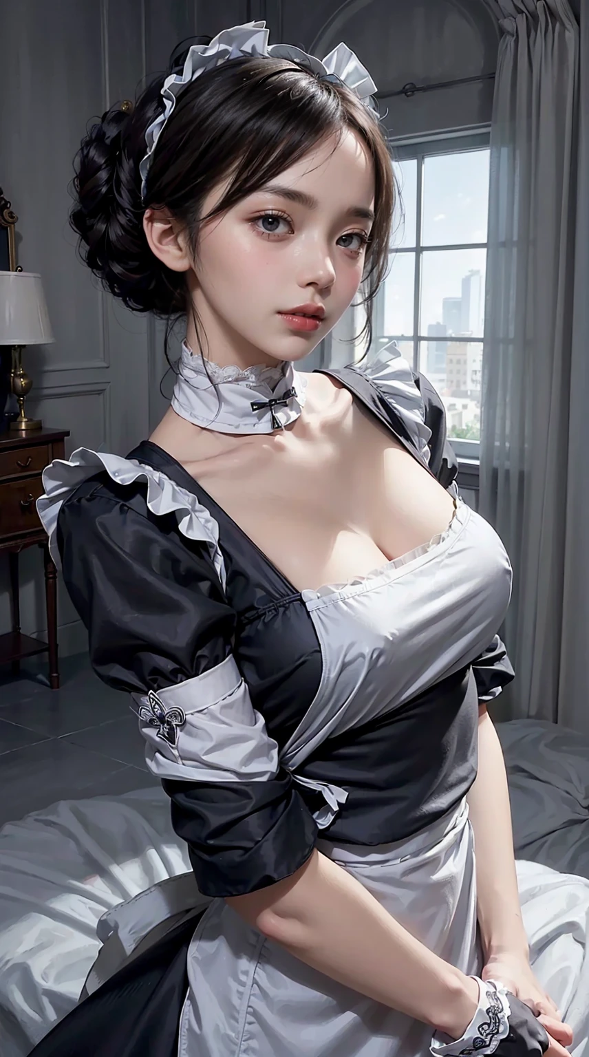 ((Beautiful maid:1.5),high resolucion, Top  Quality),Wearing a maid uniform,Gentle Hands, big bright eyes, Dark and vivid curls, sweet smile, rosy cheeks, Soft light, pure white background.