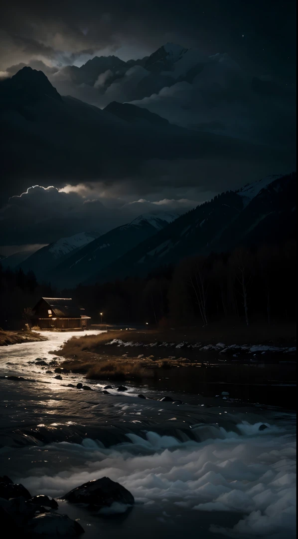 Best quality,16K Ultra Clear,the night,scenecy,Between mountains and rivers,surrounded by cloud、There is a small cabin in the distance,(Very detailed CG unity 8K wallpaper),Professional majestic oil painting,iintricate,high detal,sharp fokus,dramatics,Realistic painting art,thin foisterioutremy detailed,ultra - detailed,painting of a,lightand shade contrast,Perfectcomposition,