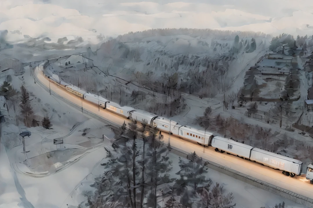 linear, gray in color, white Background, Background, Sketch, Sketch, pen_Sketch_style of,arafed train on a track in the middle of a snowy landscape, by Petr Brandl, train, winter, by Karl Völker, trains in the background, Werner Gutzeit, Ilya Golitsyn, ivan grokhar, trains, author Vadim Meller, in style of kyrill kotashev, winter setting