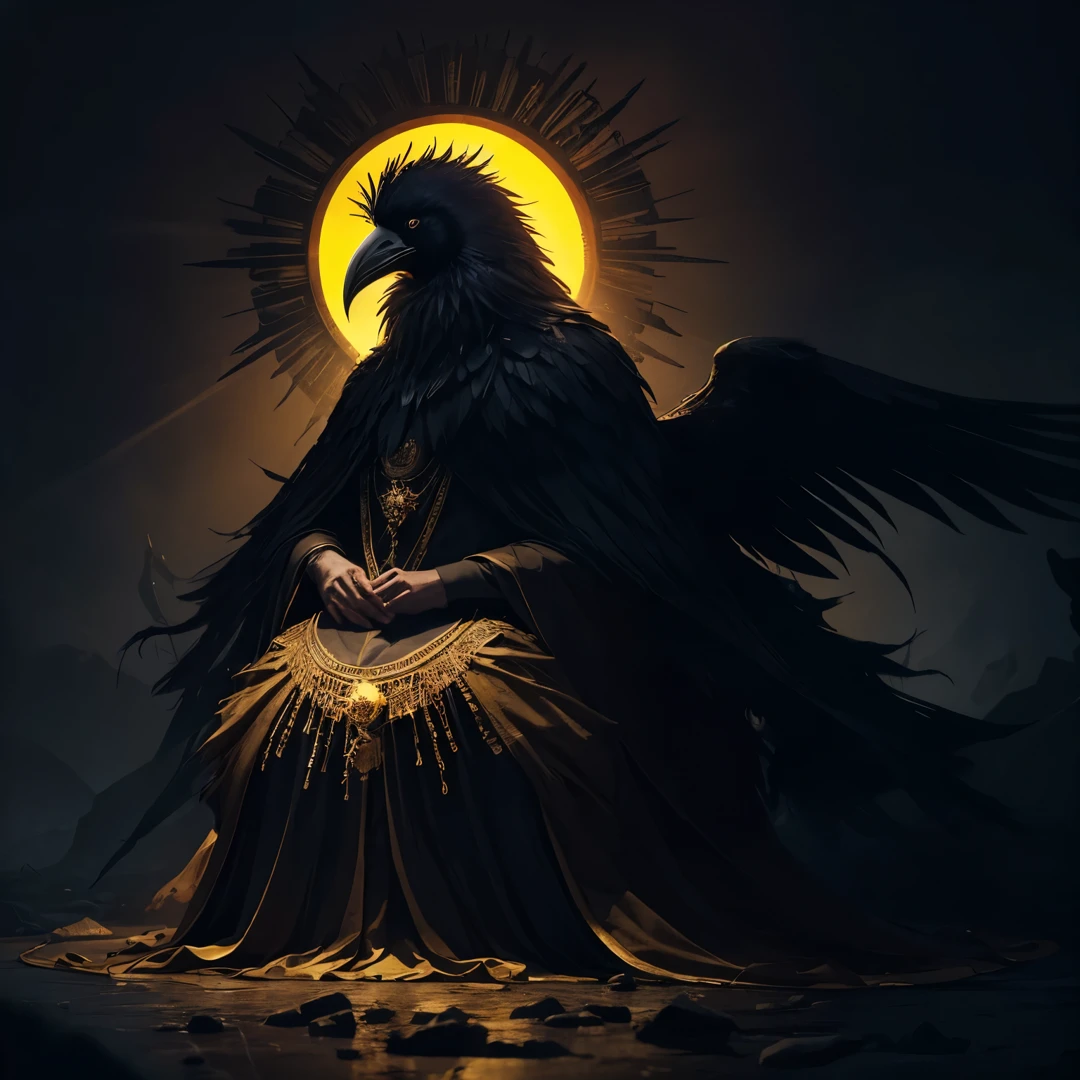 All Hail the Raven King, Large Golden crown, Sun behind head, Sun Halo, creature of the abyss, large, demonic, raven feather cloak, monster, creepy, cosmic horror, has the head of a raven, great old one, swarm of ravens, priestesses kneeling around, religious