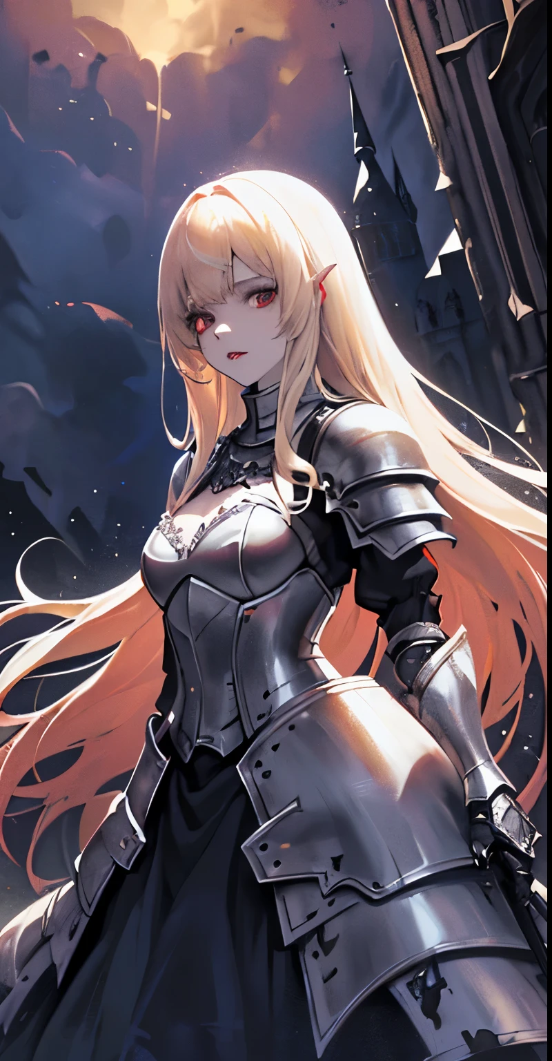 (ighly detailed:1.3),(masutepiece:1.3),SFW,(fantasy of terror art:1.3),(Dutch Angle:1.4)illustration of(Woman(Vampire:1.1)),(pale white skin,face and blood splatter,Lips and blood smear:1.3),(Details Long Curly Blonde Hair:1.3),(Definition Details Brown Eye),(smallbreast:1.3),(deadly desire:1.3),(non-guided poses:1.4),(wearingintricatelydetailedbrokenchromeandmidNightblue(full-plate-armor:1.1)Made of bronze and metal details etched,thick armor plating,heavy plate armor dress,intricate and delicate helmet:1.3),(apocalyptic storm:1.3),(detailedbrokenVampirecastleinthebackground:1.5),(Nighttime,Night,Dimming,dark ambiance:1.4),(foco nítido,(depthoffield)),ultra-quality