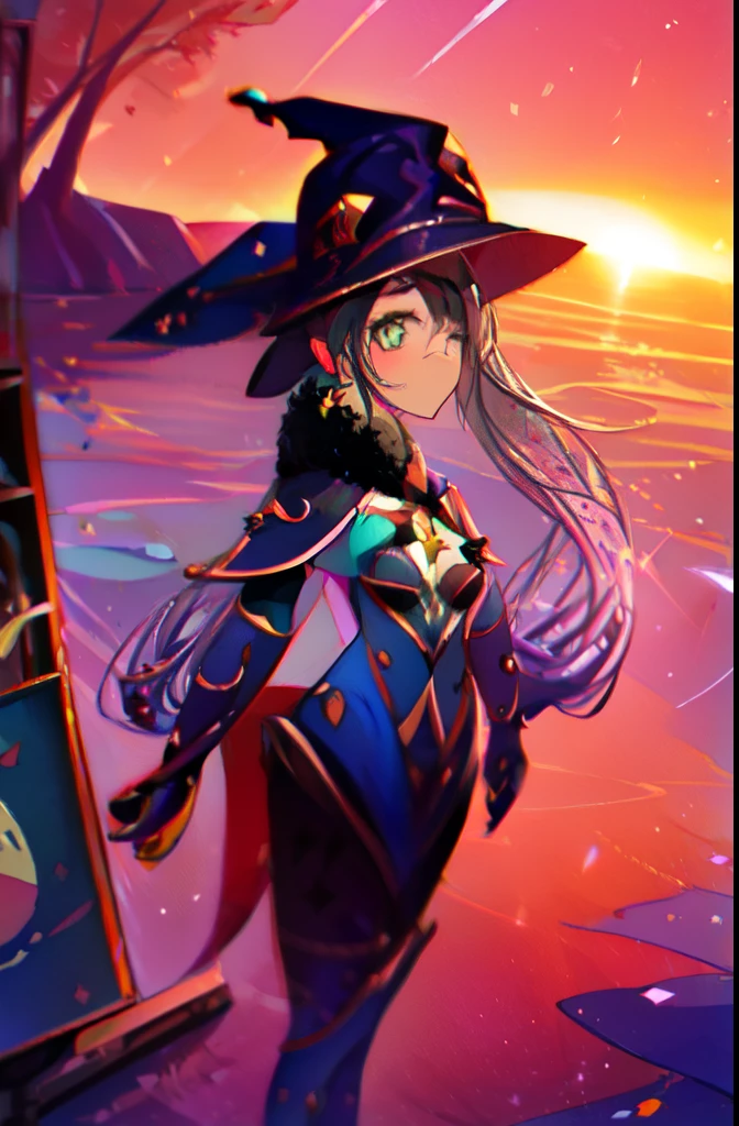 ((Extreme detail)),((Ultra detailed)),((painting)), CG wallpaper, 4k extremely detailed, Best quality, Gimona, holding different poses, witch hat, bodystocking, full body, choker, headband, earrings, looking at viewer, glow, lens flare, rays of light, flash, ocean, horizon, sunset with trees and rivers in the background, ahegao