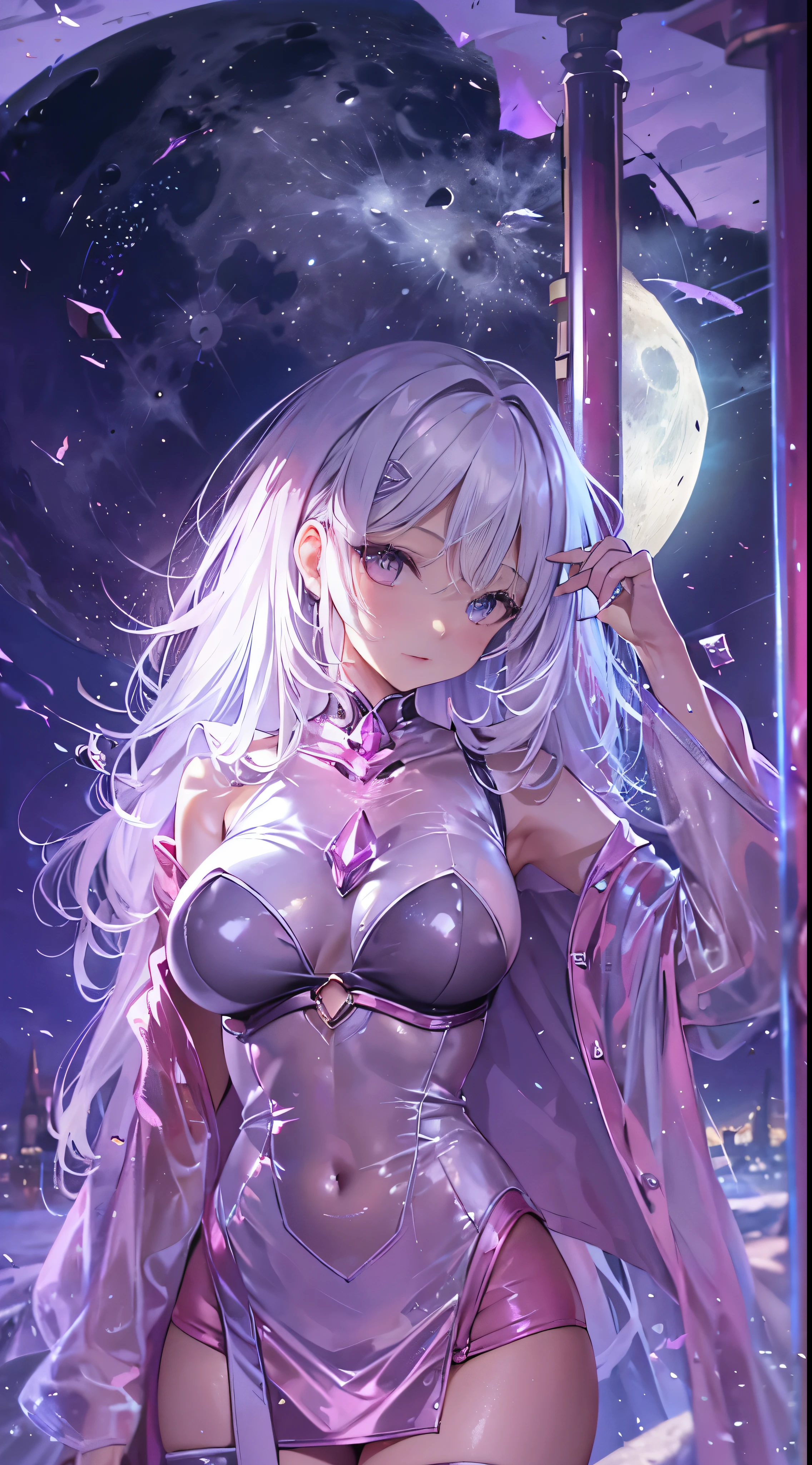 One lady,ars,((White hair) ,((())), ((Normal breasts)), (())(()),(Shiny pink bodysuit and microskirt))),,((Fantasy,Moon Night))(())