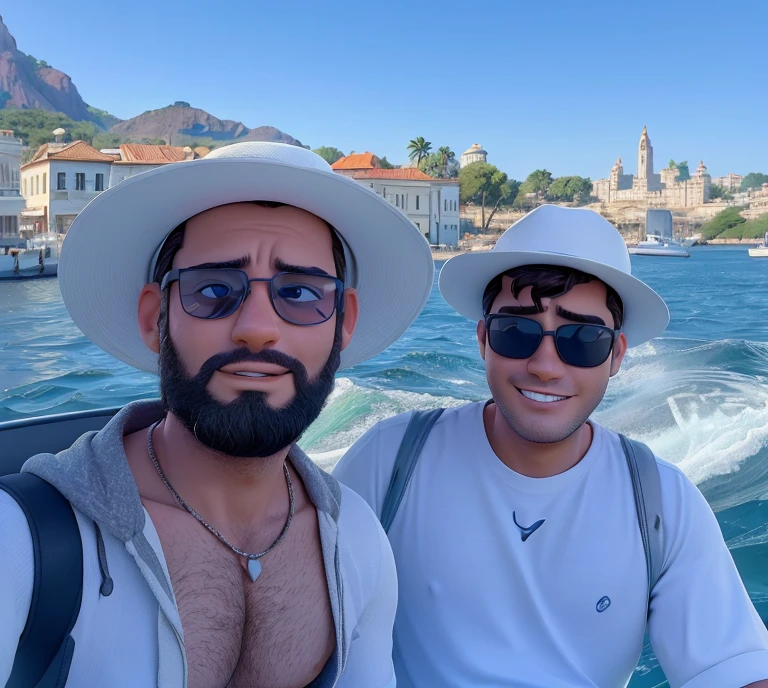 two handsome men on a boat in the water with a city in the background, man on the left has a white hat, does not have on glasses and a white shirt. Man on the left has a white hat. Sun glasses and a bright white smile. aykut aydogdu, enes dirig, taken in the early 2020s, profile picture 1024px, on a boat, aykut aydogdu zener, nick silva and ilya kuvshinov, ayanamikodon and irakli nadar