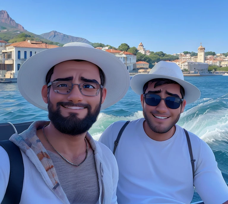 two handsome men on a boat in the water with a city in the background, man on the left has a white hat, does not have on glasses and a white shirt. Man on the left has a white hat. Sun glasses and a bright white smile. aykut aydogdu, enes dirig, taken in the early 2020s, profile picture 1024px, on a boat, aykut aydogdu zener, nick silva and ilya kuvshinov, ayanamikodon and irakli nadar