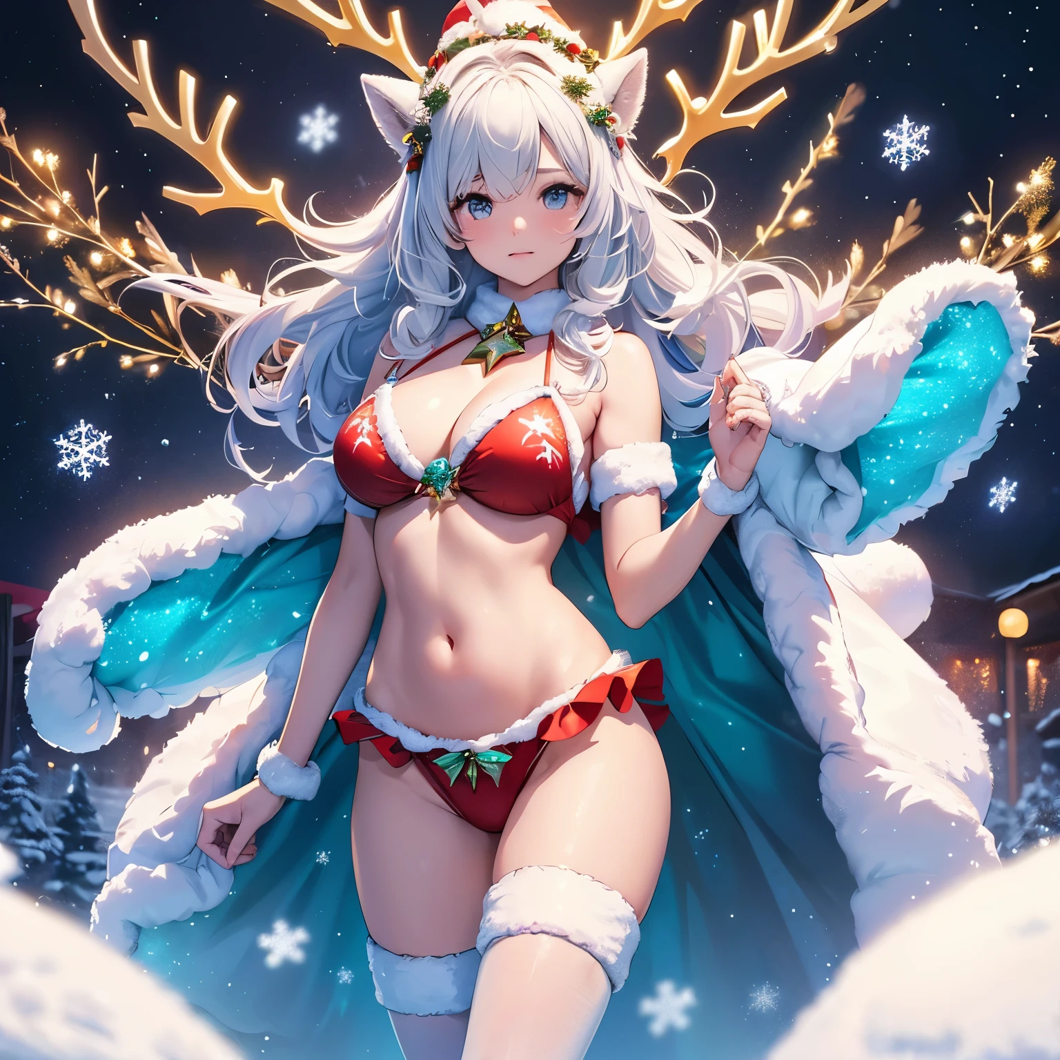 super high quality, 8k, RAW photo, realistic, detailed, delicate, flashy and dynamic depiction, beautiful girl in fluffy reindeer bikini cosplay, great proportion, background snowflakes, stars, Christmas tree, Santa Claus stuffed toy