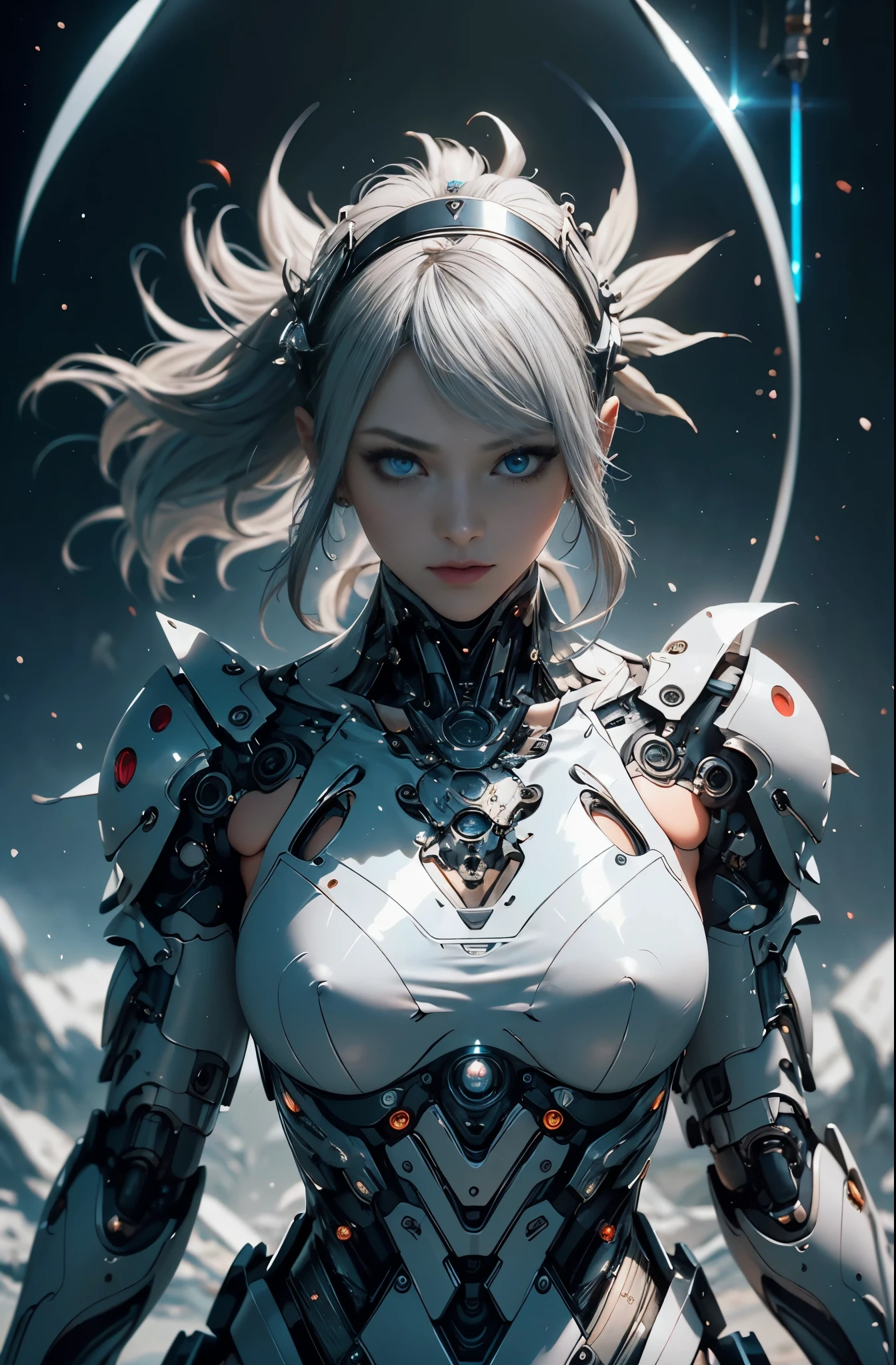 there is a woman in a futuristic suit with a sword, 美少Female Cyborg, Cyborg Womanの子, perfect anime Cyborg Woman, Cyborg - Girl, 美しい白人の少Female Cyborg, beautiful cyborg priestess, Cyborg Woman, beautiful alluring Female Cyborg, cyberpunk robotic elvish queen, Cyborg - Girl with silver hair, beautiful Female Cyborg, beautiful Cyborg Womanの子, Female Cyborg, Goddess. extremely high detail, portrait of cyborg queen, extremely detailed goddess shot, Half body machine, Inorganic, Next generation high performance cyborg, Goddess of Machines, The perfect cyborg, ultimate replicant, A masterpiece created by ultra-high performance AI, Final weapon, Best Quality, Perfect Angle, perfect-composition, sharp outline, Best Shots, perfect shapes, perfect model style, Very beautiful and detailed eyes, Hollow eyes, blue eyes without pupils