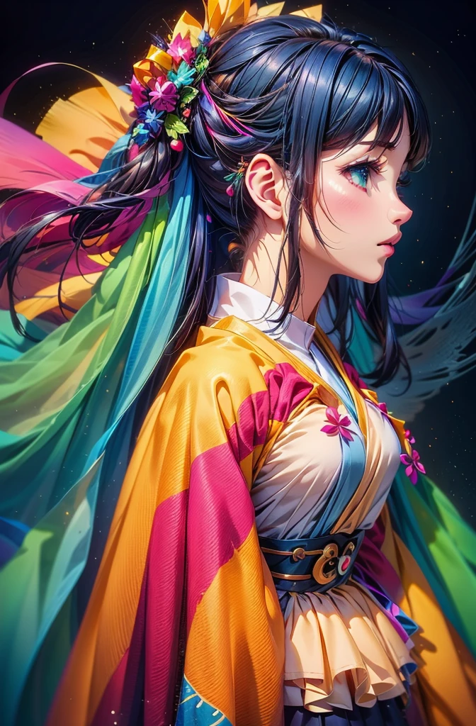 1girl, Colorful clothing, Colorful hair ornaments, detailed hill top background, night, Studio Ghibli Style, Ghibli color, Miyazaki Hayao style, Makoto Niitsu and Makoto Shinkai style