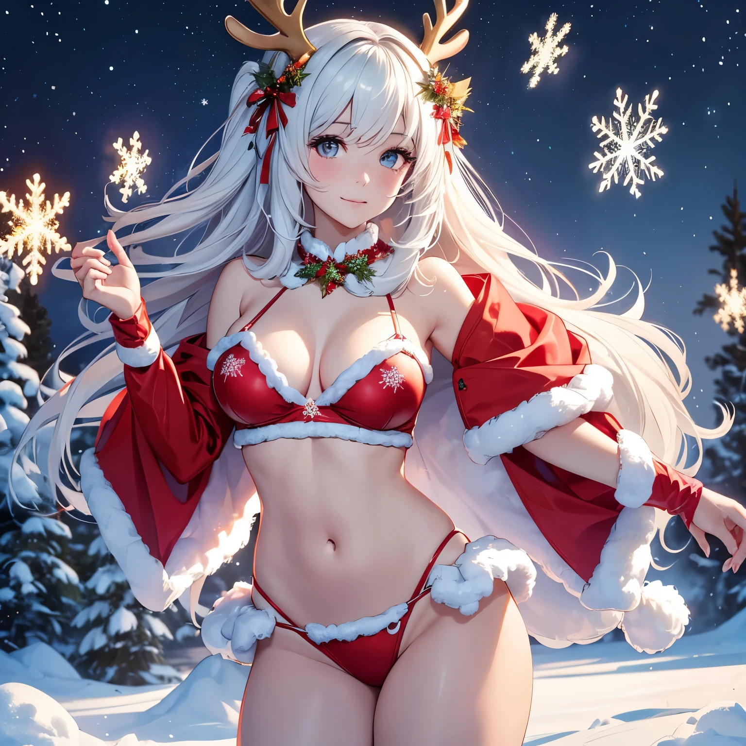 super high quality, 8k, RAW photo, realistic, detailed, delicate, flashy and dynamic depiction, beautiful girl in fluffy reindeer bikini cosplay, background snowflakes, stars, Christmas tree, Santa Claus stuffed toy