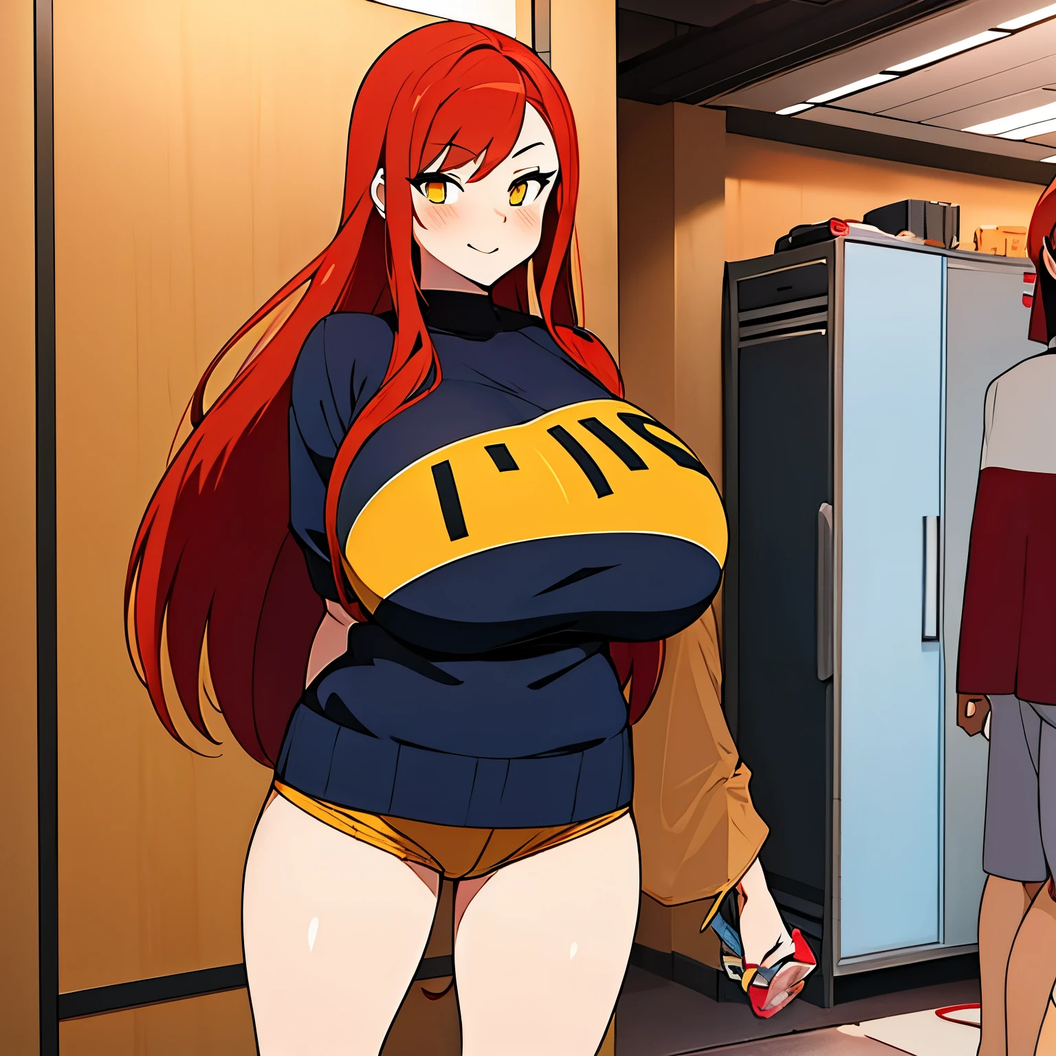 anime, anime style, 2d character, a girl, redhead, big breasts, reasonably big ass, yellow eyes, wearing mini shorts and mini top, her pubic hair is exposed