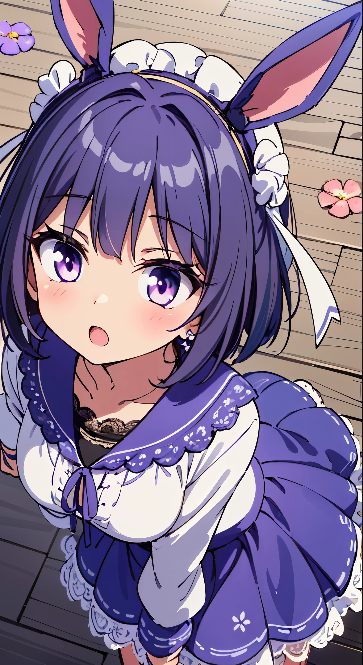 (masutepiece, Transparent air, 透明なThe eye,Best Quality, Perfect Anatomy, High quality:1.4), absurderes, absolutely resolution, unbelievable Ridiculous, hight resolution, ultra-detailliert, Official art, Unity 8k壁纸, Kinetic typography,nice hand, Perfect hands, Detailed beautiful hands, Large_filesize, fulcolor, hight resolution, symmetric, exceptional, Best aesthetic, newest, Anime, very beautiful detailed body,The hair,faces,The eye, BREAK, Beautiful Girl, ( girl), Very detailed, colourfull, highest details, 1 beautiful girl, Solo,(kawaii系:1.5),(Chibi:0.8), (kawaii:1.5),(Lori:0.5),(girl, kawaii系, sanoのいい, ロリなfaces, slightly bulging chest),(黒The hair,Disheveled short bob,tareme,Pink eyes:1.55),(sano,へにょへにょした笑faces,ヤバいfaces:1.2), (White rabbit ear headband:1.2),Shiny skin,Clear skin, Beautiful skin,(最高品質のfaces),(最高品質の輝くThe eye), (最高の笑faces,ドヤfaces:1.45), 

○Prompt BREAK
(fresh purple morning glory flower ensemble:1.4),(white and purple theme:1.5), (lolita classic floral fashion:1.1),(floral,gaiety,precise details,lace up embroidery:1.5),(the ensemble decorated with fresh purple morning glory flowers corolla:1.6),(purple ruffle floreated multilayer-blouse-shirt (with floral lace:1.5):1.5),(long volume sleeve:1.3), (purple (crinoline, multilayer-skirt(with loral lace:1.5)):1.4), (fresh purple morning glory flowers corolla and embroidery decoration on multilayer-blouse-shirt and multilayer-skirt:1.8), (ornatemeticulously decorated frills:1.5), (purple and white Argyle pattern over-knee-socks:1.3), (Loafers floreated purple morning glory:1.6),
BREAK hot cocoa accessories such as mug-shaped necklaces and earrings,
Minimal makeup with rosy cheeks for a sweet bedtime look,
(upward looking gaze :1.2) ,
Looking Up ,
From  above ,depth of fields,
Looking away,depth of fields,
 BREAK,wakame,wakame,wakame,(Cowboy Shot:1.4), 

BREAK,(Blurry background:1.3),(absurderes, hight resolution, Super Detail Art),cel shading,Clear Color, Lonely optical effect, Beautiful pictures, Bright glow, mystic atmosphere,(Close-up of girl:1.1), Mystical light particle effect,manga influence, clean line drawings,