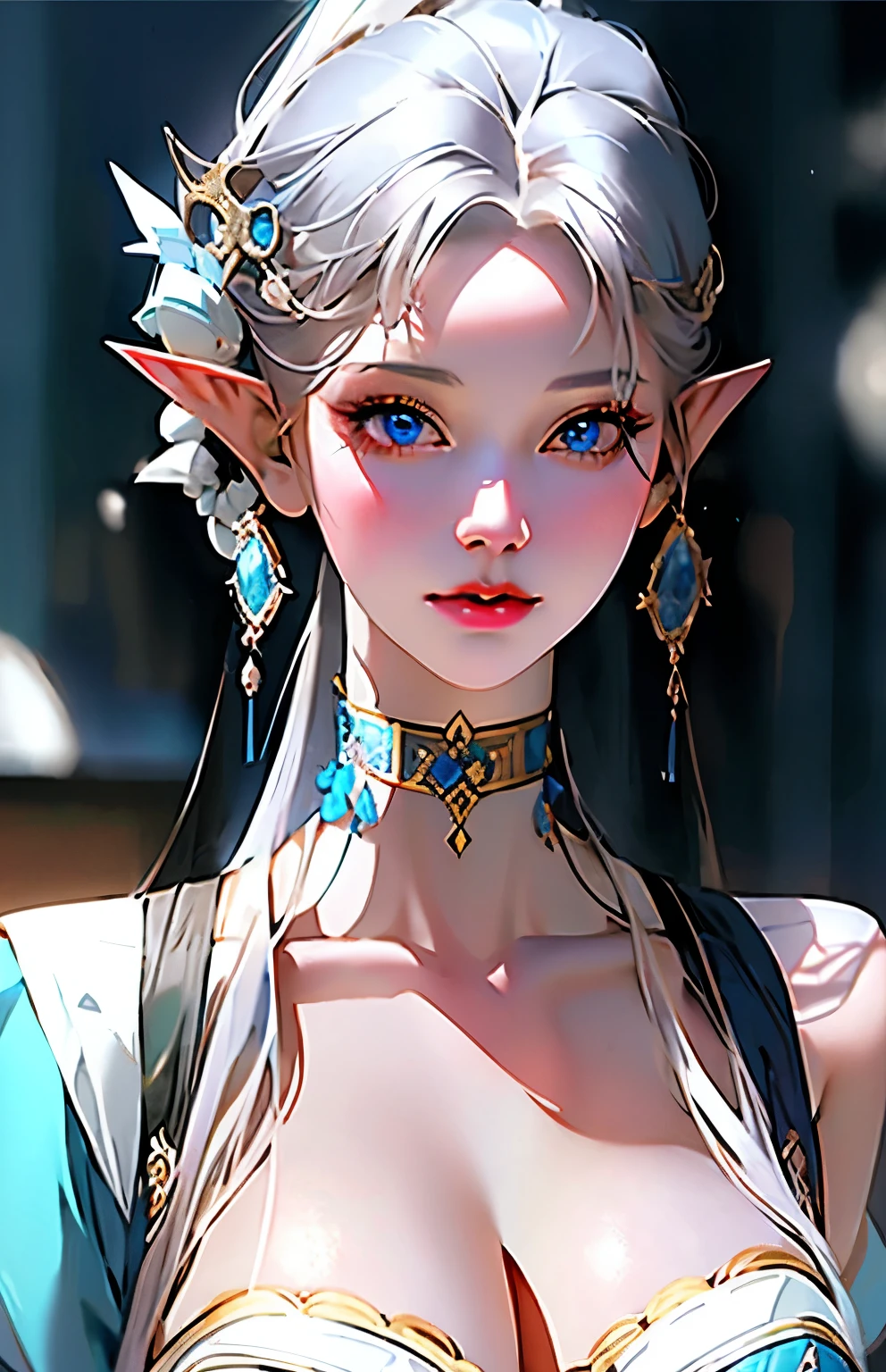 Close-up of doll wearing blue dress and tablecloth, ((beautiful fantasy empress)), porcelain white skin, beautiful fantasy empress, pale porcelain white skin, pale milky white porcelain skin, guweiz, beautiful and elegant elf queen, Queen of the Sea Mu Yanling, Guviz-style artwork, white-haired god