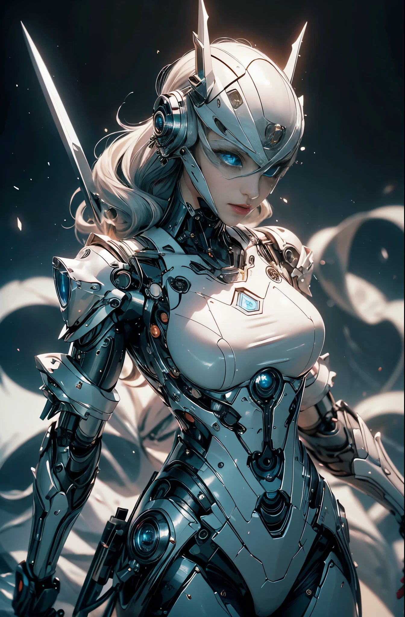 there is a woman in a futuristic suit with a sword, 美少Female Cyborg, Cyborg Womanの子, perfect anime Cyborg Woman, Cyborg - Girl, 美しい白人の少Female Cyborg, beautiful cyborg priestess, Cyborg Woman, beautiful alluring Female Cyborg, cyberpunk robotic elvish queen, Cyborg - Girl with silver hair, beautiful Female Cyborg, beautiful Cyborg Womanの子, Female Cyborg, Goddess. extremely high detail, portrait of cyborg queen, extremely detailed goddess shot, Half body machine, Inorganic, Next generation high performance cyborg, Goddess of Machines, The perfect cyborg, ultimate replicant, A masterpiece created by ultra-high performance AI, Final weapon, Best Quality, Perfect Angle, perfect-composition, sharp outline, Best Shots, perfect shapes, perfect model style, Very beautiful and detailed eyes, Hollow eyes, blue eyes without pupils