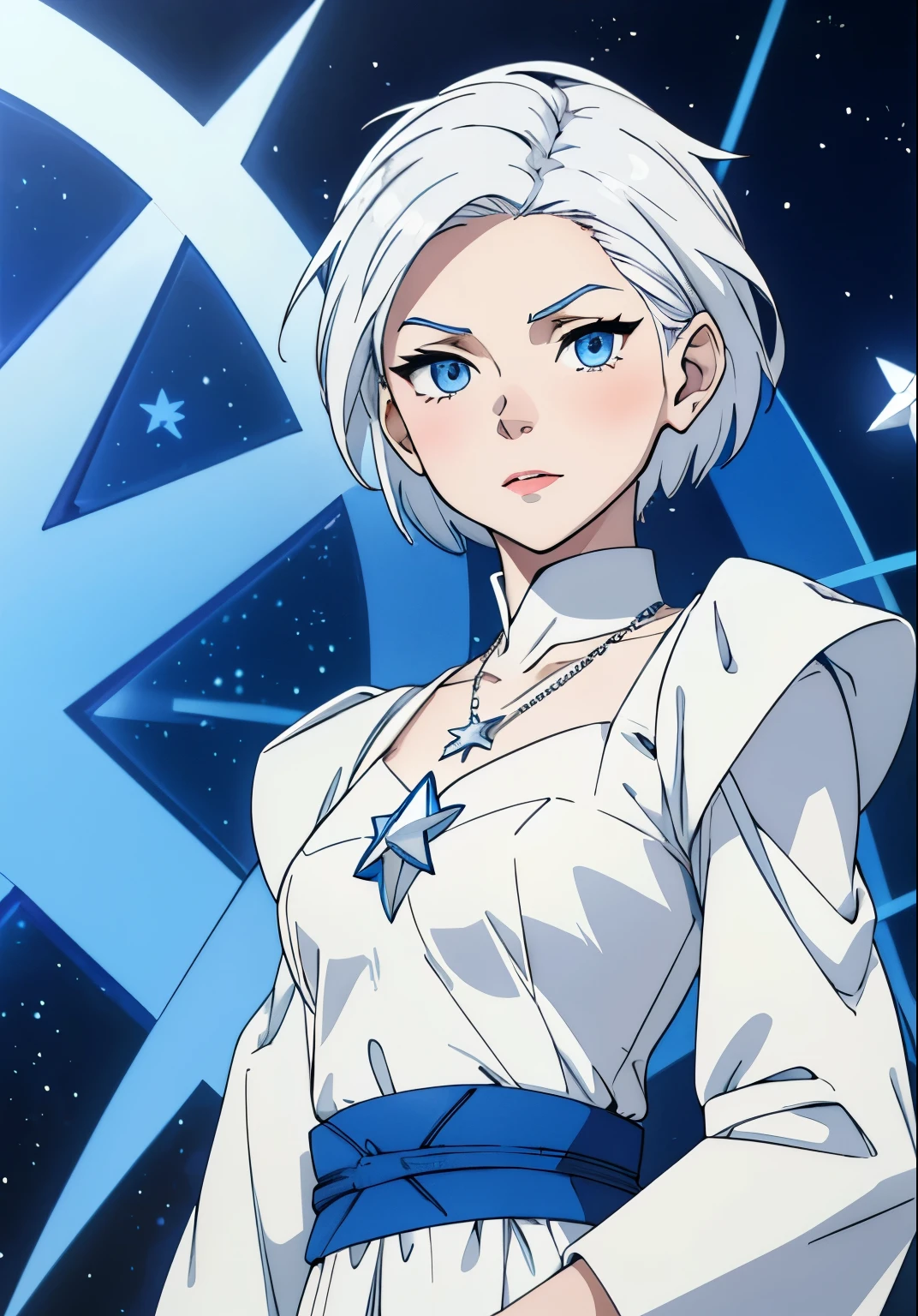 cute girl,Short white hair, blue eyes, white skin, She wears a necklace with a six-pointed star,White clothes ,Six-pointed star,Clothes of Israeli soldiers , 🇮🇱,