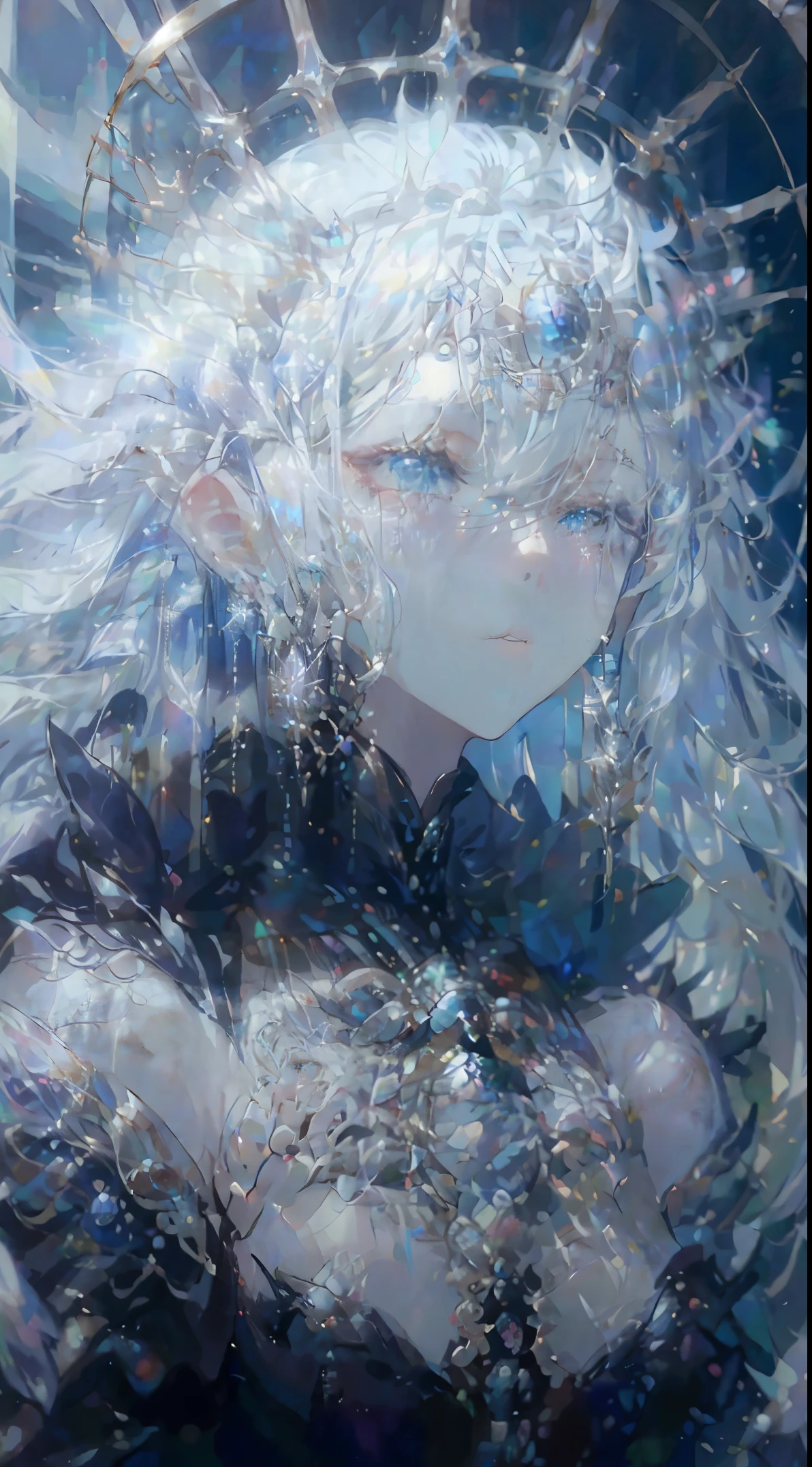 masutepiece, ighly detailed, Ultra-detailed, Cold, Solo, (1womanl), (pale skin), Icy Blue Eyes, Frosty white hair, young  woman, medium breasts, Goddess, cool kuudere woman, (科幻小说), (Modern casual clothing), sleepy, lazy, Flat expression, (Dress politely), (close clothing clothing rack clothing, actress, potrait, Soft smile