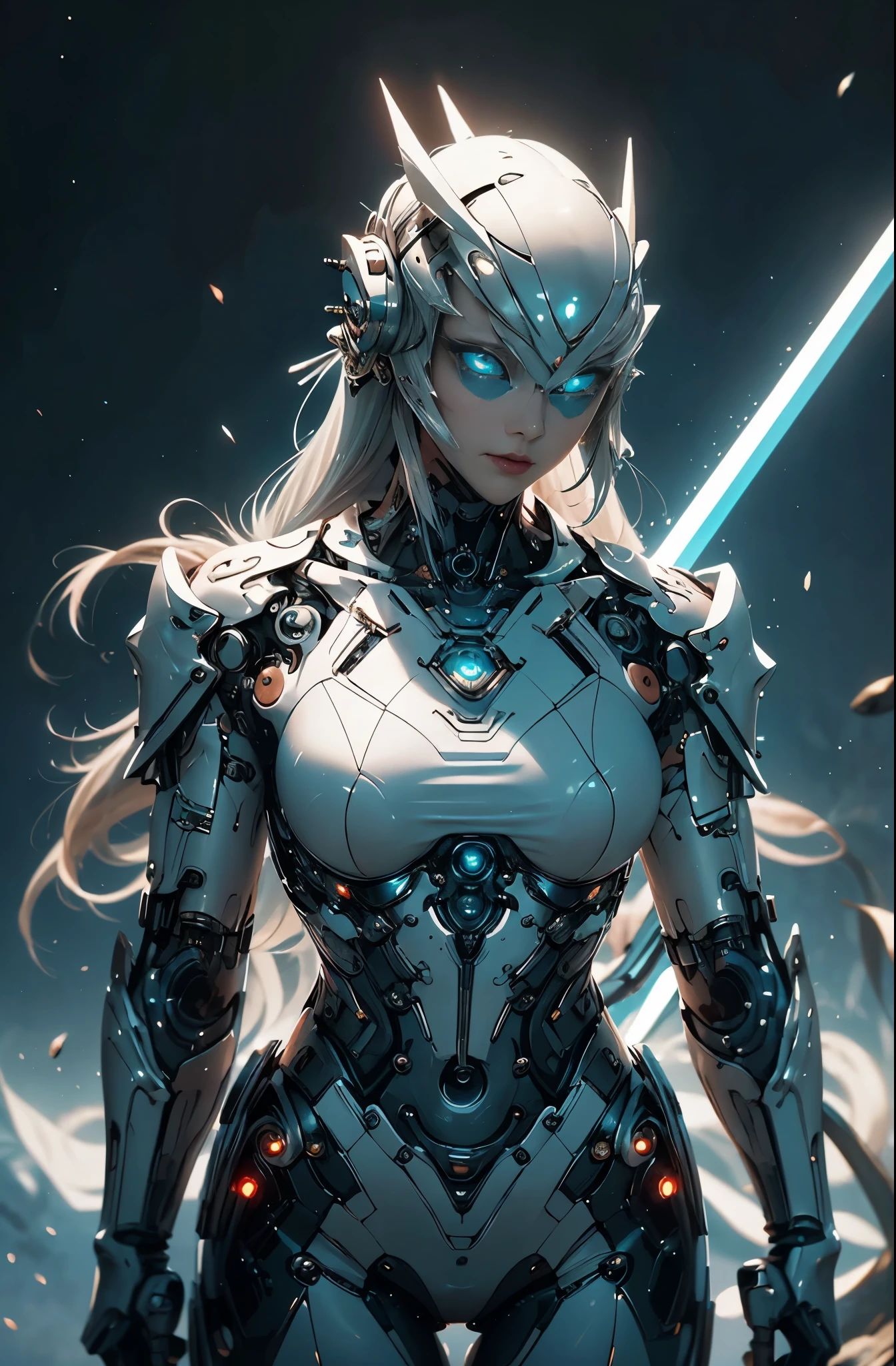 there is a woman in a futuristic suit with a sword, 美少Female Cyborg, Cyborg Womanの子, perfect anime Cyborg Woman, Cyborg - Girl, 美しい白人の少Female Cyborg, beautiful cyborg priestess, Cyborg Woman, beautiful alluring Female Cyborg, cyberpunk robotic elvish queen, Cyborg - Girl with silver hair, beautiful Female Cyborg, beautiful Cyborg Womanの子, Female Cyborg, Goddess. extremely high detail, portrait of cyborg queen, extremely detailed goddess shot, Half body machine, Inorganic, Next generation high performance cyborg, Goddess of Machines, The perfect cyborg, ultimate replicant, A masterpiece created by ultra-high performance AI, Final weapon, Best Quality, Perfect Angle, perfect-composition, sharp outline, Best Shots, perfect shapes, perfect model style, Very beautiful and detailed eyes, Hollow eyes, blue eyes without pupils