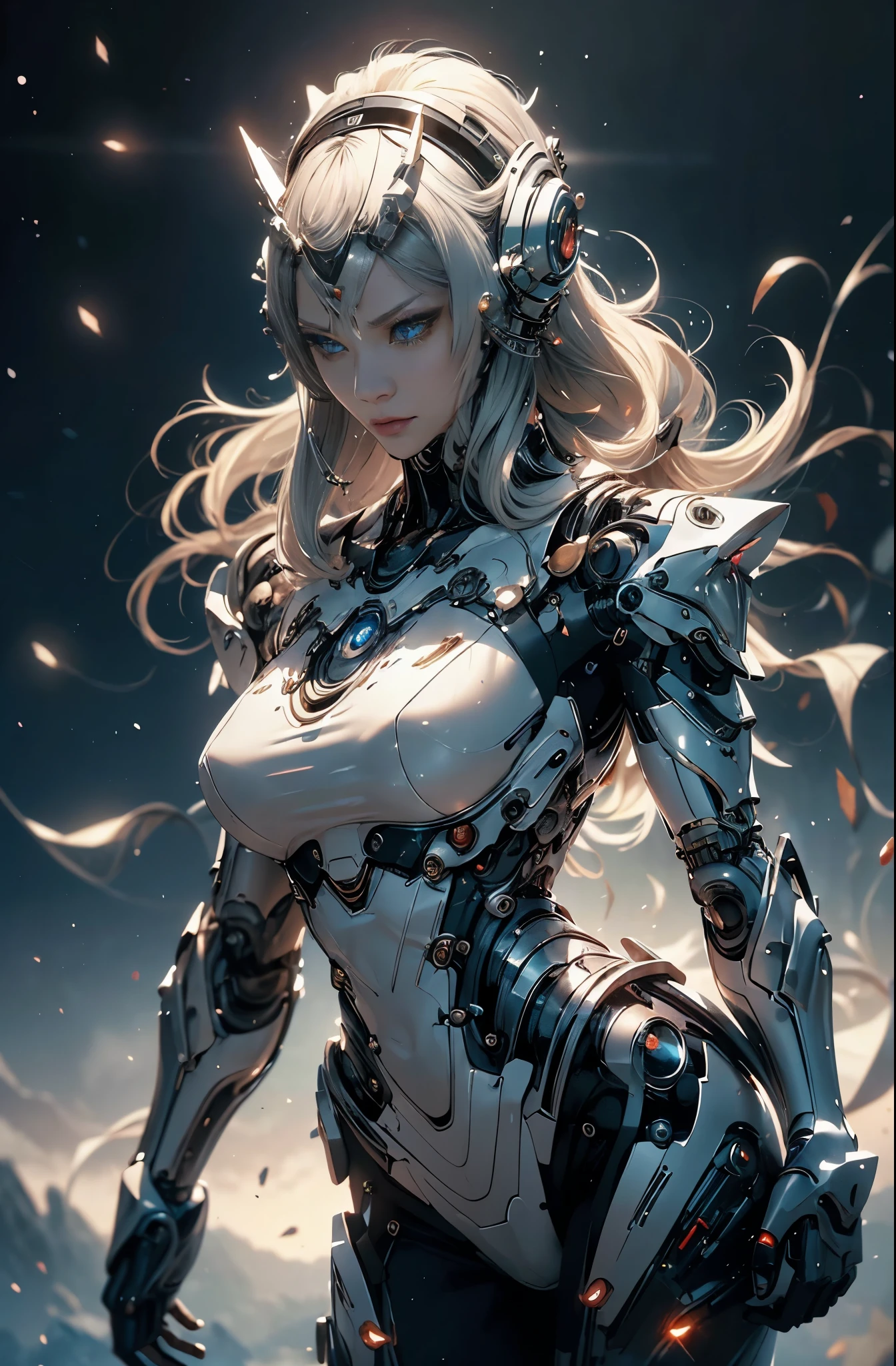 there is a woman in a futuristic suit with a sword, 美少Female Cyborg, Cyborg Womanの子, perfect anime Cyborg Woman, Cyborg - Girl, 美しい白人の少Female Cyborg, beautiful cyborg priestess, Cyborg Woman, beautiful alluring Female Cyborg, cyberpunk robotic elvish queen, Cyborg - Girl with silver hair, beautiful Female Cyborg, beautiful Cyborg Womanの子, Female Cyborg, Goddess. extremely high detail, portrait of cyborg queen, extremely detailed goddess shot, Half body machine, Inorganic, Next generation high performance cyborg, Goddess of Machines, The perfect cyborg, ultimate replicant, A masterpiece created by ultra-high performance AI, Final weapon, Best Quality, Perfect Angle, perfect-composition, sharp outline, Best Shots, perfect shapes, perfect model style, Very beautiful and detailed eyes, Hollow eyes, blue eyes without pupils