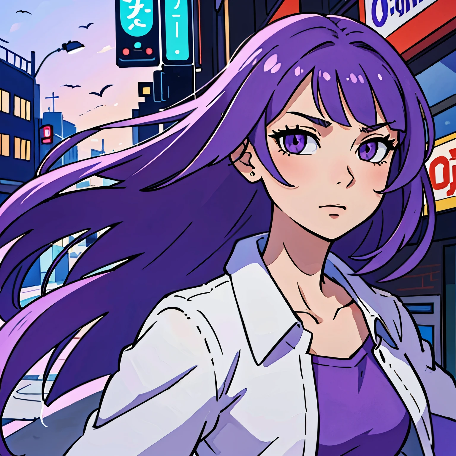 (best-quality:0.8),
(best-quality:0.8), perfect anime illustration, extreme closeup portrait of a pretty woman, purple hair, walking through the city