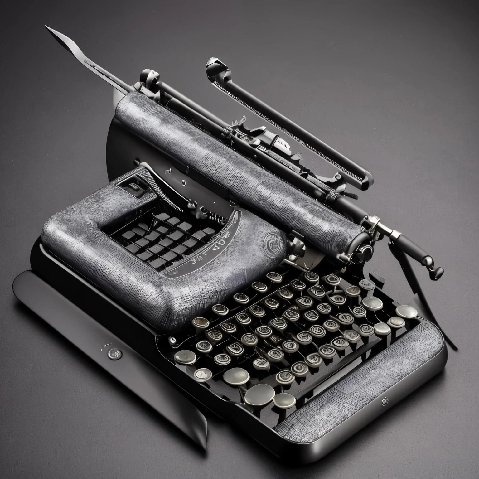 typewriter with dragon-inspired features—its body could be sleek and metallic, resembling dragon scales, while the keys might have intricate engravings resembling dragon claws. The carriage return lever could be shaped like a dragon tail, and when you press a key, subtle dragon roars echo. The overall design combines the elegance of a typewriter with the mythical aura of a dragon.