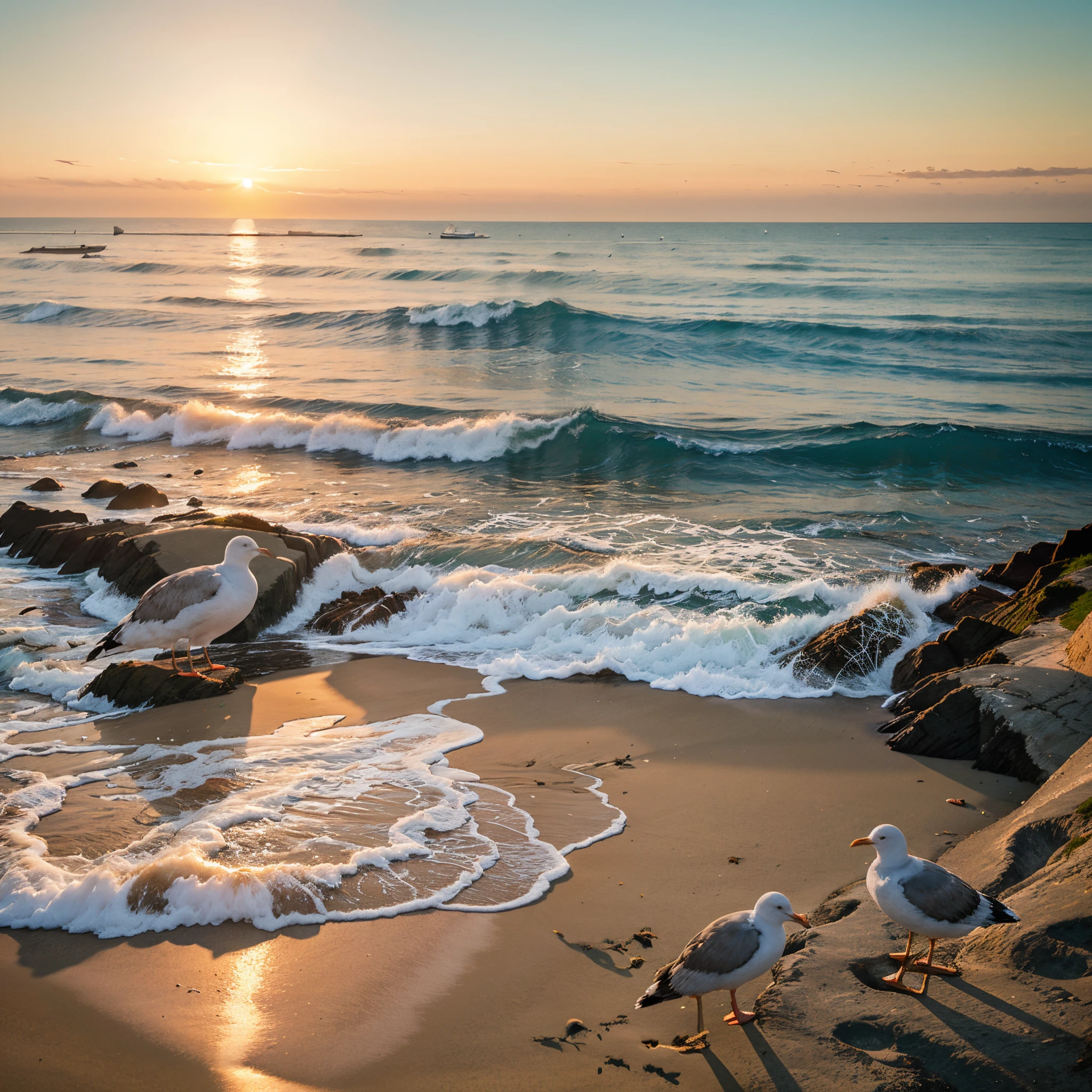 Paint a tranquil coastal sunrise, with gentle waves lapping against the shore, seagulls in flight, and the first light of day coloring the sky.