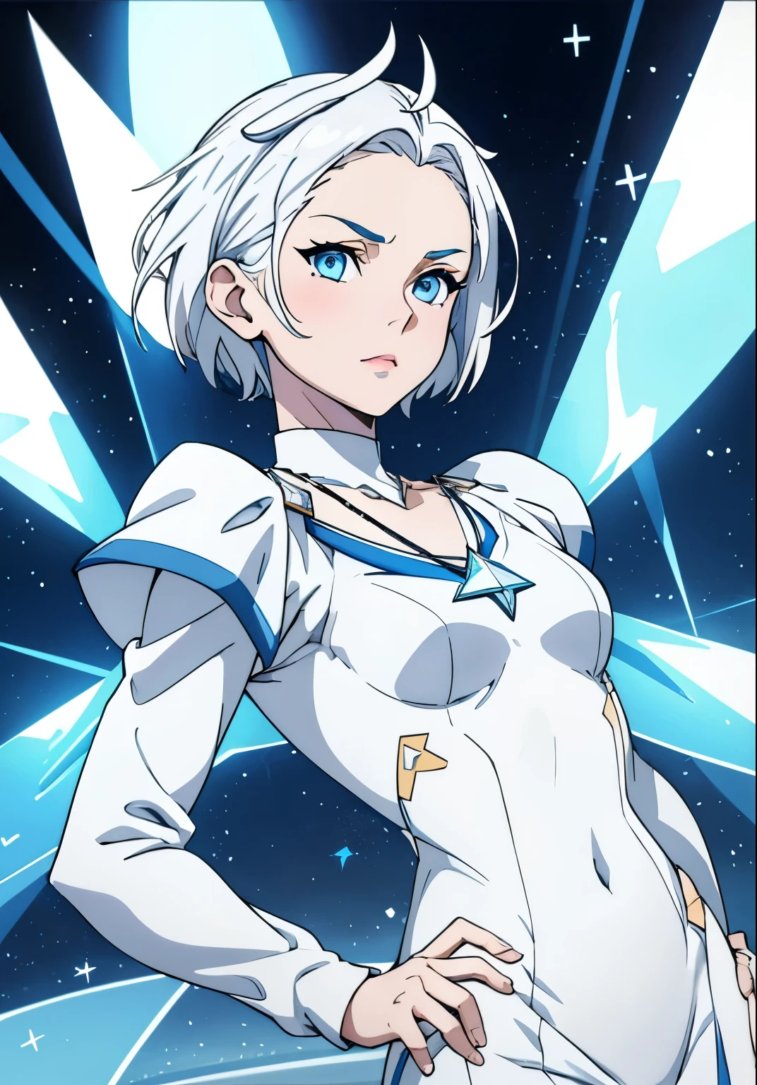 cute girl,Short white hair, blue eyes, white skin, She wears a necklace with a six-pointed star,White clothes ,Six-pointed star,Clothes of Israeli soldiers, 🇮🇱,