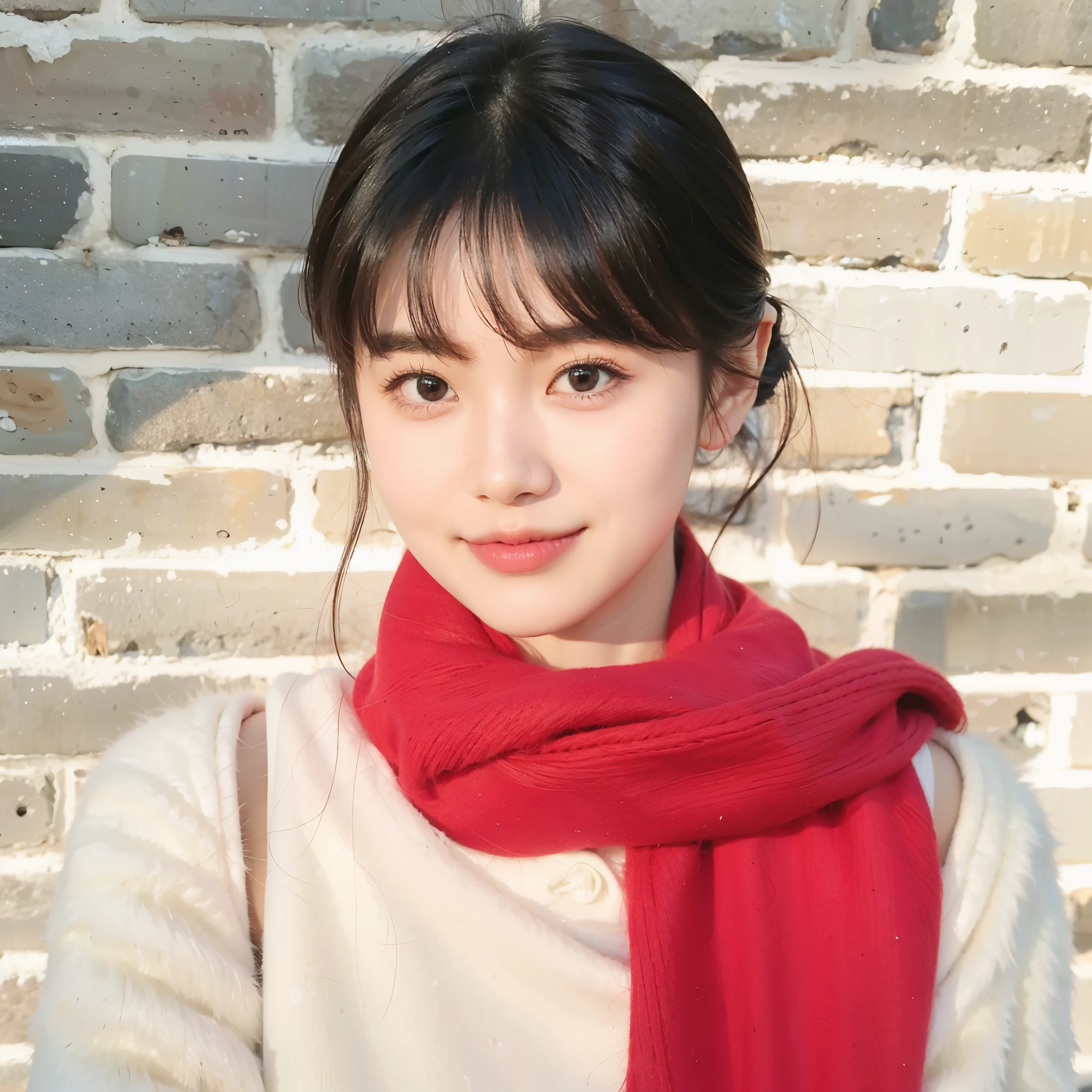 girl in scarf,face to the viewer,young girls,Qi bangs,lee ji eun, Lee Ji-eun, Harusaka Rin, Parking distance - minutes, Cui Xianhua, 脸稍micro年轻了一 Minor, Beautiful skins,(A high resolution), (8K), (A detailed的the face), looking at viewert, Detailed face, A detailed的the face,purebred face_v1,ssmile,Staring straight ahead,Staring straight ahead,real photograph,profesional lighting,black hair color hair