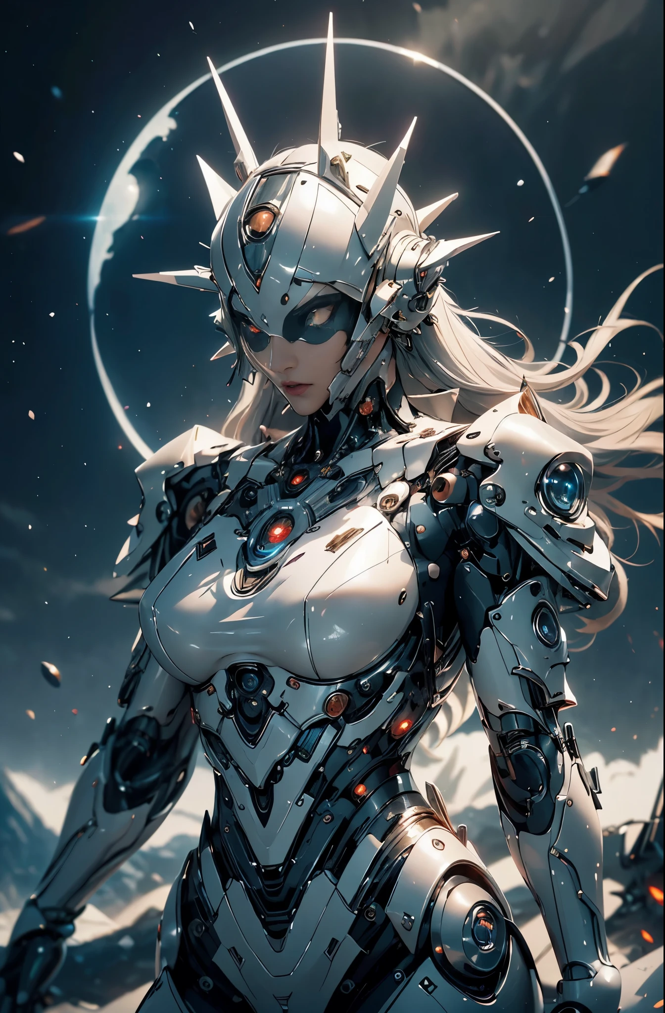 there is a woman in a futuristic suit with a sword, 美少Female Cyborg, Cyborg Womanの子, perfect anime Cyborg Woman, Cyborg - Girl, 美しい白人の少Female Cyborg, beautiful cyborg priestess, Cyborg Woman, beautiful alluring Female Cyborg, cyberpunk robotic elvish queen, Cyborg - Girl with silver hair, beautiful Female Cyborg, beautiful Cyborg Womanの子, Female Cyborg, Goddess. extremely high detail, portrait of cyborg queen, extremely detailed goddess shot, Half body machine, Inorganic, Next generation high performance cyborg, Goddess of Machines, The perfect cyborg, ultimate replicant, A masterpiece created by ultra-high performance AI, Final weapon, Best Quality, Perfect Angle, perfect-composition, sharp outline, Best Shots, perfect shapes, perfect model style, Very beautiful and detailed eyes, Hollow eyes, blue eyes without pupils