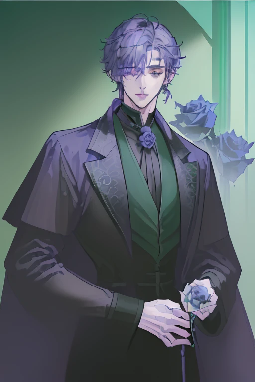 (A handsome man around 20 years old:1.5)，(tall:1.3)，(Black eye of Sanpakugan:1.4)，(Light purple curly short hair:1.4)，(One eye is hidden by hair:1.4)，(black green long coat:1.2)，(鎖骨:1.2)，(light green t-shirt:1.2)，(have one blue rose:1.5)，A lot of blue roses，picture frame，art gallery