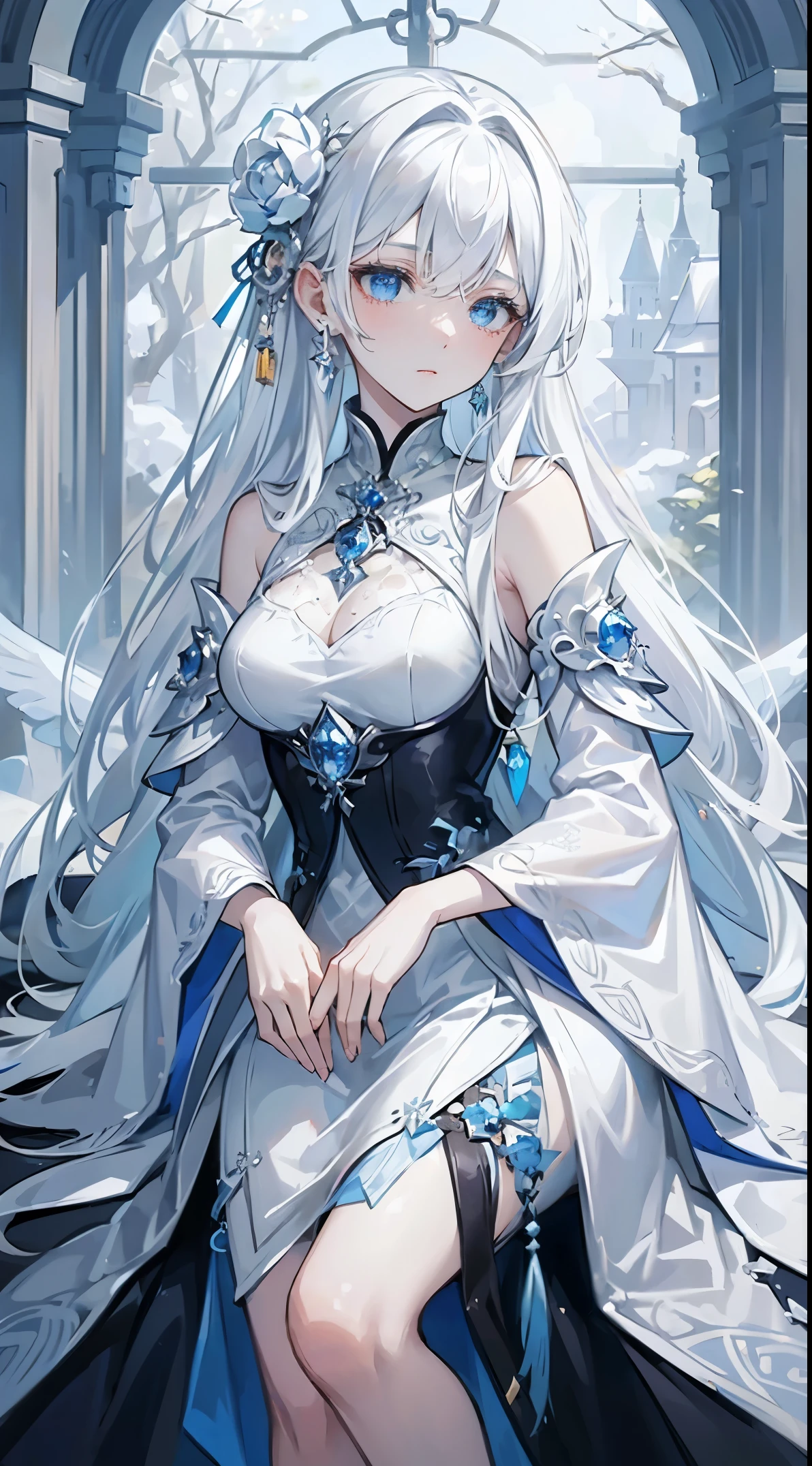 masutepiece, ighly detailed, Ultra-detailed, Cold, Solo, (1womanl), (pale skin), Icy Blue Eyes, Frosty white hair, young  woman, medium breasts, Goddess, cool kuudere woman, (科幻小说), (Modern casual clothing), sleepy, lazy, Flat expression, (Dress politely), (close clothing clothing rack clothing, actress, potrait, Soft smile