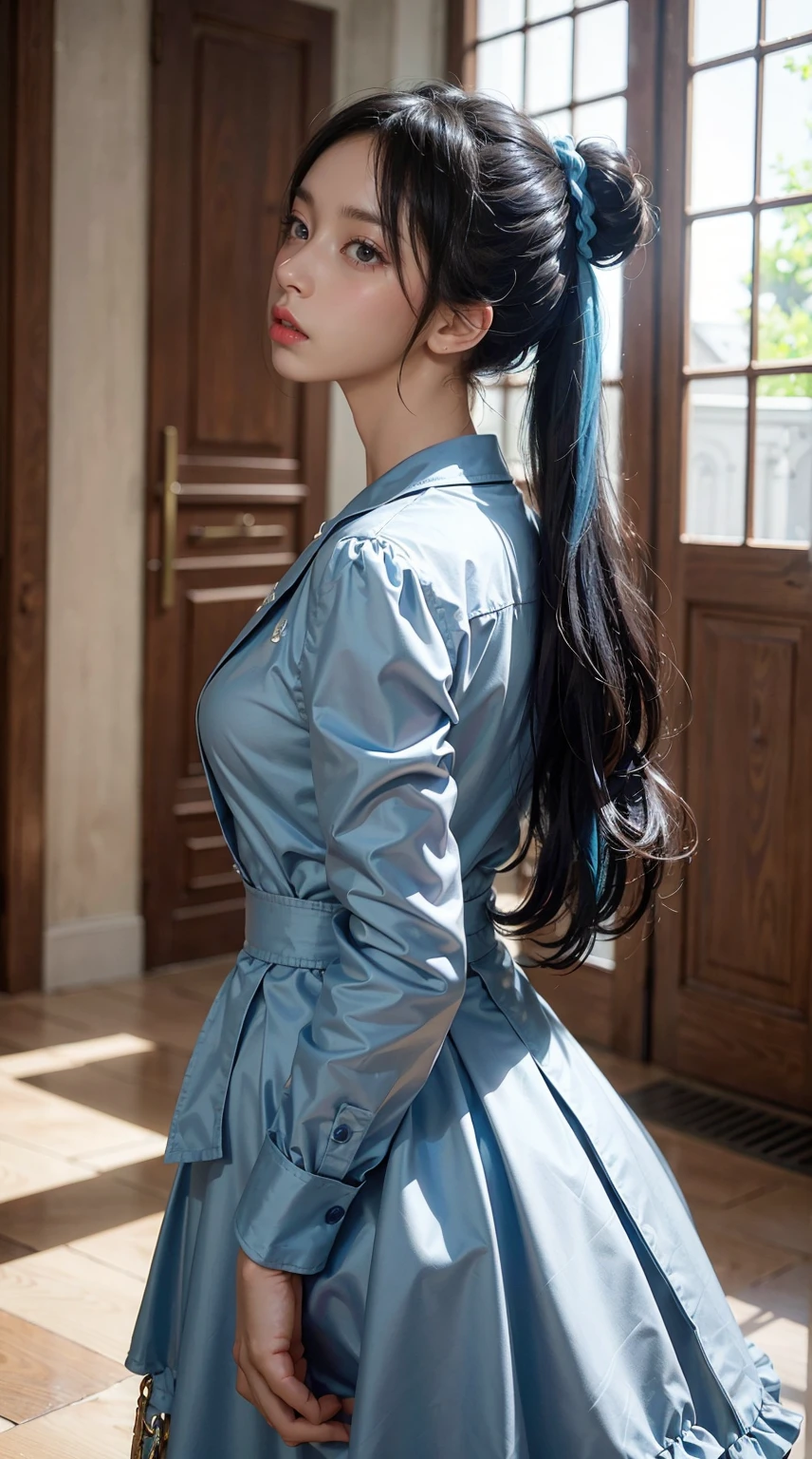 (Masterpiece), (Best Quality), (The ultra-detailliert),(Hair neglect),(Illustration), (1Girl), (Fashionable clothing), Standing, Fashion model, looking up at viewer, (interview), (Simple background), Beautiful detailed eyes, Delicate Beauty, Floating, (high saturation), (Colorful splash), Colorful bubbles, (Shine), Focus on the face, pony-tail, Ayaka Kamisato, Light blue hair, bangss, scrunchie, Floating flowers, Flowing Hair, (glittering), Best lighting, best shadows, perfect hand