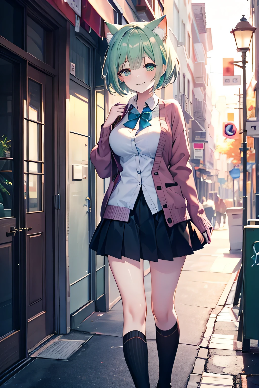 ((masutepiece)), ((Best Quality)), ((8K)), High resolution, 1girl in, Cat ears, walkway, Magic Hour, Cardigan, Skirt, knee high, Looking down, Green eye, aqua hair, a pixie cut, braid, pale skin, Large breasts, Happy smile, Half closed eyes,