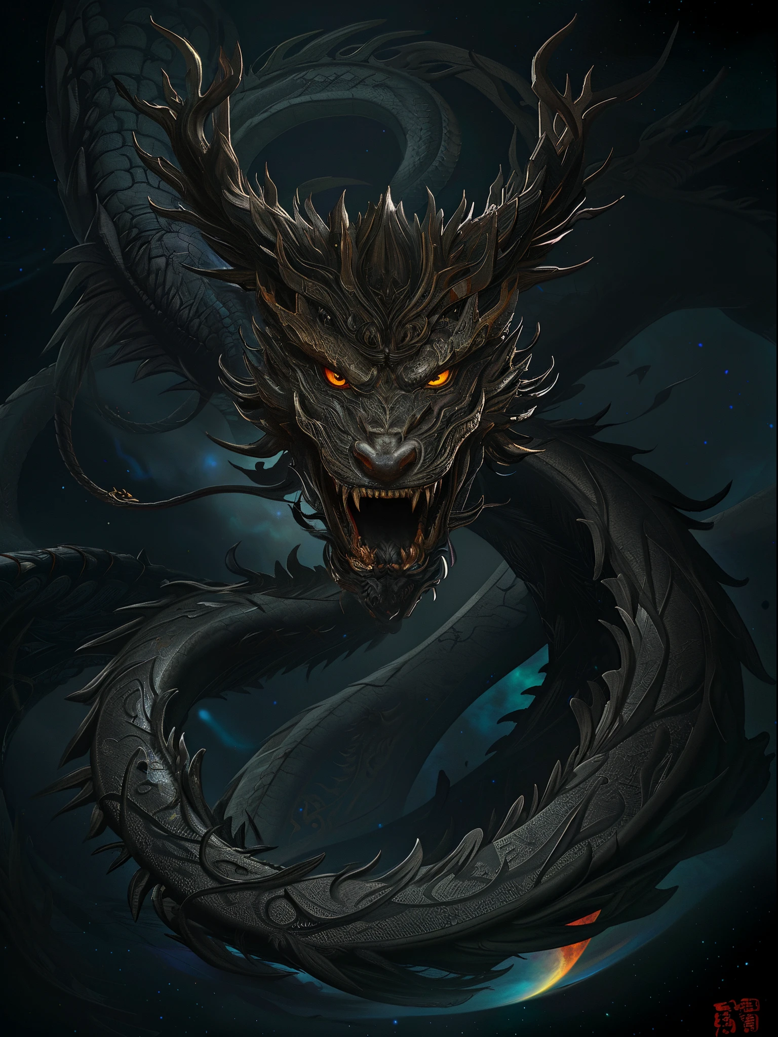 great masterpiece,winning artwork,UHD resolution,Extremely detailed composition,Very strong layering,(Extremely dark but clear cosmic space background:1.4),(Clean black background:1.3),一条Black Dragon,The eyes are bright, Black Dragon,黑色chinesedragon, chinesedragon概念艺术, dragon oil painting, chinesedragon, Black Dragon, Dragon Art, 光滑的chinesedragon, Chinese mythology, 雄伟的日本Black Dragon, chinese fantasy, ryujin,Very mysterious,8K