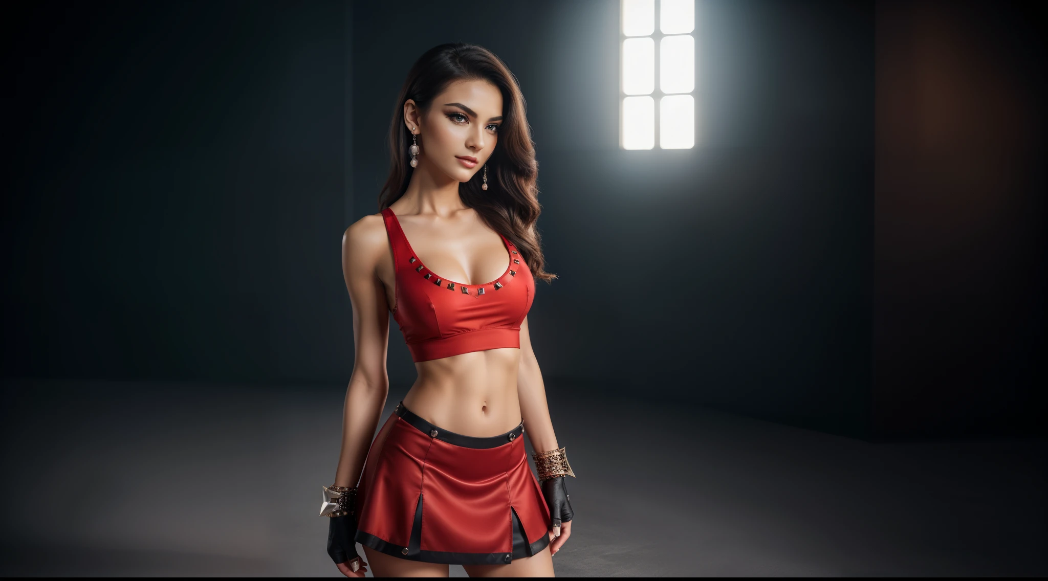((a badass girl (stand:1.2) (alone:1.6))),((full-body:1.2, cinematic-shot)),(best quality,4k,8k,highres,masterpiece:1.2),ultra-detailed,(realistic,photorealistic,photo-realistic:1.37),(beautiful and aesthetic:1.2),(film grain:1.3).

[(1girl),(solo),((1 person)),(17years-old),[Raiana-Elizabeth-Dilla],pearl skin,(skin pores:1.1),beautiful detailed eyes,beautiful detailed lips,extremely detailed eyes,longeyelashes,extremely detailed face and skin texture,(skin texture:1.1),black hair,tall and slender body,(192cm tall),thin and delicate figure,graceful posture,flawless skin,defined abs,perfect curves,feminine appearance,beautiful long legs,embodying elegance and beauty,(cleavage breasts,large breasts:1.4),((wearing a sexy ((red) tank-top) with (ultra-short (red) miniskirt)):1.4),extremely detailed and realistic (red) clothes,(shiny skin),((sharp focus:1.5)),(earringeathers:1.5),(happy expression,full smile)].

[fierce attitude, powerful gaze, confident expression, edgy fashion style, punk long-haircut, strong physique, tattoos, piercing eyes, studded gloves, high-heeled boots, smoking,  backdrop, dramatic lighting, vibrant colors].

Official art,extremely detailed,Angelic ethereal beauty,award-winning photography,professional photography,depth-of-field,bokeh.