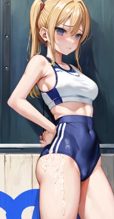 Pixel Riza, uniform, 1girl in, Upper body, masutepiece, from the front side,Riza Hawkeye、thighs thighs thighs lack of thighs underwear、The shape of the genital area makes the front look neat.、knee high socks、(cum in crotch:1.1)、(cum shots)、Sportsbra、Dull eyes