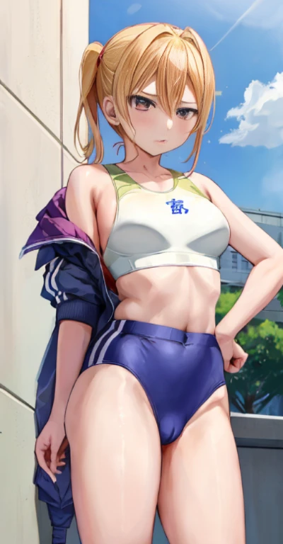Pixel Riza, uniform, 1girl in, Upper body, masutepiece, from the front side,Riza Hawkeye、thighs thighs thighs lack of thighs underwear、The shape of the genital area makes the front look neat.、knee high socks、(cum in crotch:1.1)、(cum shots)、Sportsbra、Dull eyes