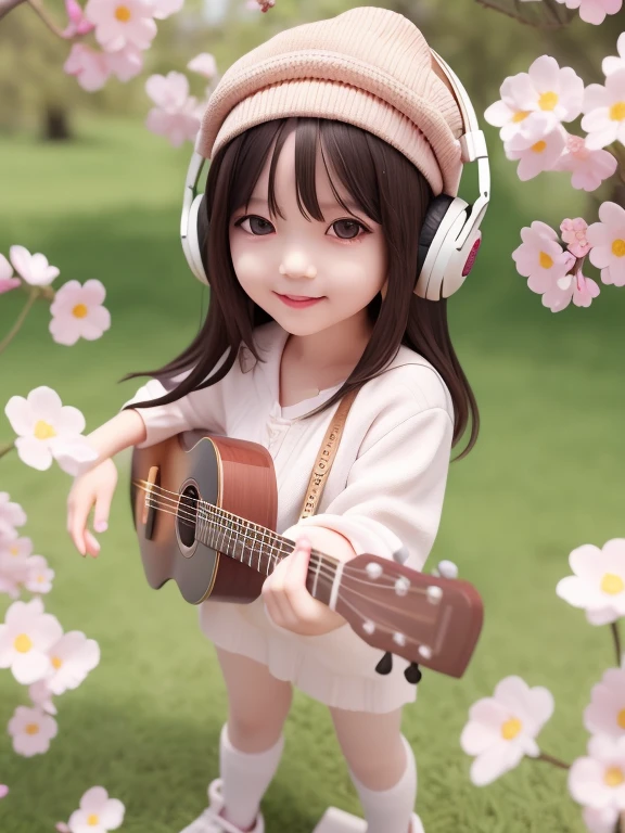 (masterpiece),(best quality),(ultra-detailed), (full body:1.2), 1girl,chibi,cute, smile, open mouth, flower, outdoors, playing guitar, music, beret, holding guitar, jacket, blush, tree, :3, shirt, short hair, cherry blossoms, green headwear, blurry, brown hair, blush stickers, long sleeves, bangs, headphones, black hair, pink flower, (beautiful detailed face), (beautiful detailed eyes),