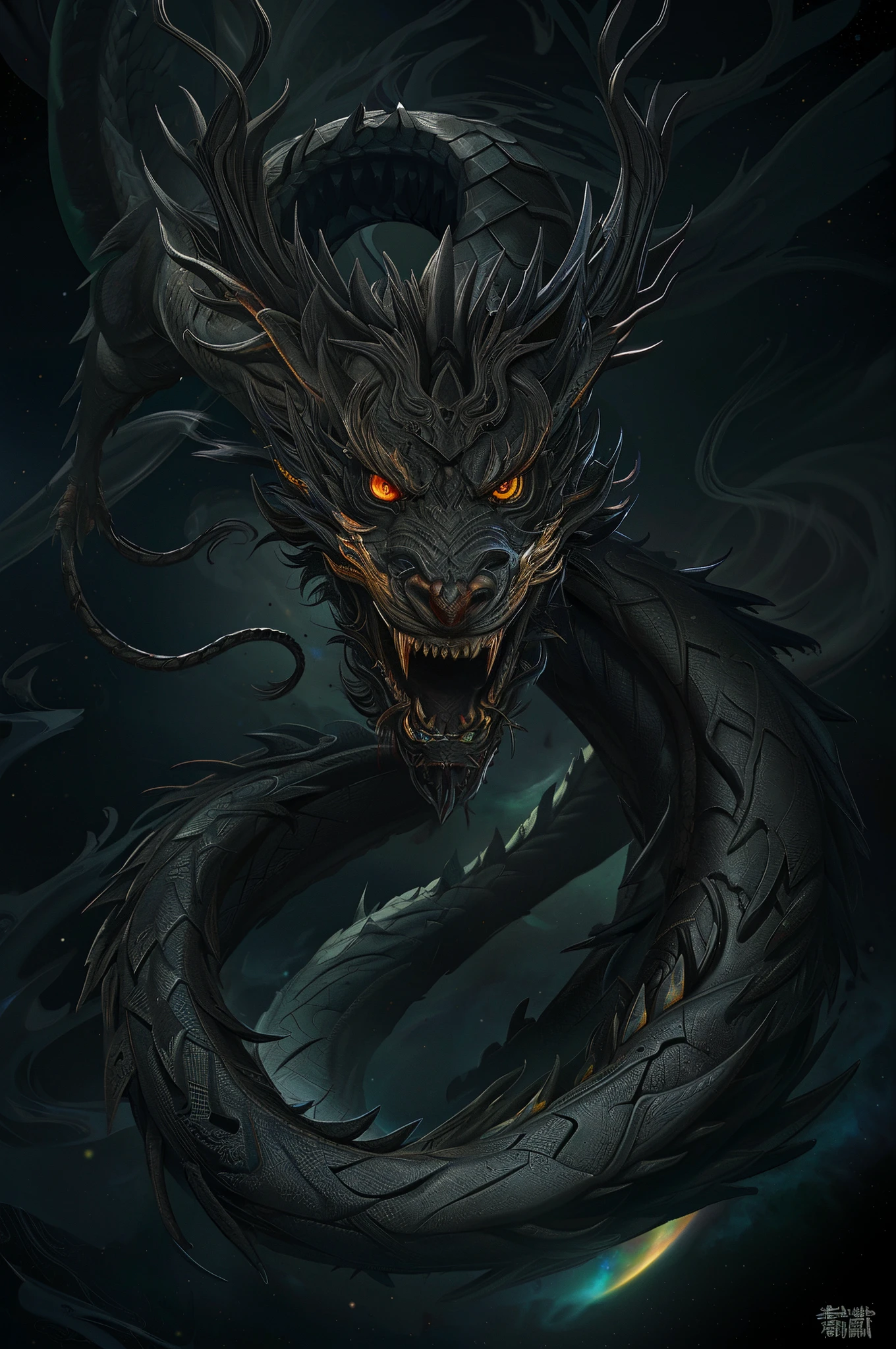great masterpiece，winning artwork，UHD resolution，Extremely detailed composition，Very strong layering，(Extremely dark cosmic space background:1.4),（Clean black background:1.3），一条Black Dragon，The eyes are bright, Black Dragon，黑色chinesedragon, chinesedragon概念艺术, dragon oil painting, chinesedragon, Black Dragon, Dragon Art, 光滑的chinesedragon, Chinese mythology, 雄伟的日本Black Dragon, chinese fantasy, ryujin,Very mysterious，8K