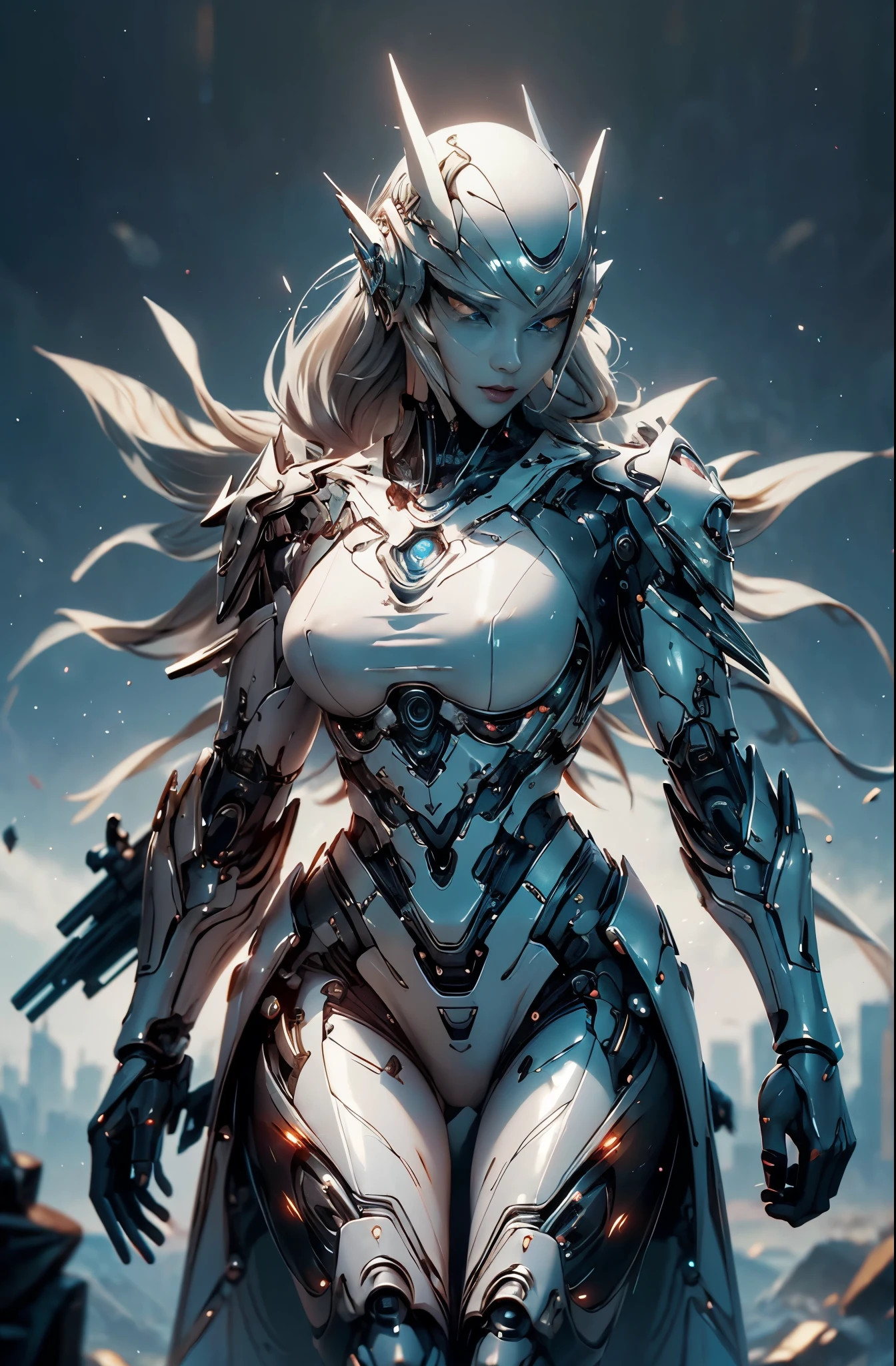 there is a woman in a futuristic suit with a sword, 美少Female Cyborg, Cyborg Womanの子, perfect anime Cyborg Woman, Cyborg - Girl, 美しい白人の少Female Cyborg, beautiful cyborg priestess, Cyborg Woman, beautiful alluring Female Cyborg, cyberpunk robotic elvish queen, Cyborg - Girl with silver hair, beautiful Female Cyborg, beautiful Cyborg Womanの子, Female Cyborg, Goddess. extremely high detail, portrait of cyborg queen, extremely detailed goddess shot, Half body machine, Inorganic, Next generation high performance cyborg, Goddess of Machines, The perfect cyborg, ultimate replicant, A masterpiece created by ultra-high performance AI, Final weapon, Best Quality, Perfect Angle, perfect-composition, sharp outline, Best Shots, perfect shapes, perfect model style, Very beautiful and detailed eyes, Hollow eyes, blue eyes without pupils