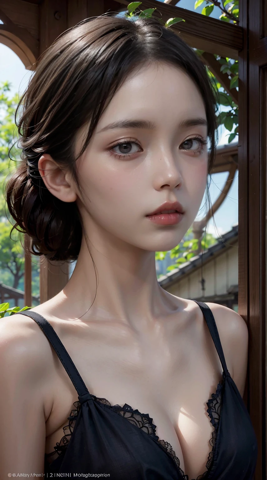 top-quality、​masterpiece、超A high resolution、(realistic:1.4)、Raw photo、女の子 1 人、((off shoulders))、lighting like a movie,middlebreasts,Beautiful facial features,Detailed eyes,(Lifelike eyes),Detailed beautiful hair,ssmile,Eyes, nose and well-groomed face,((Semi-long chignon hair))