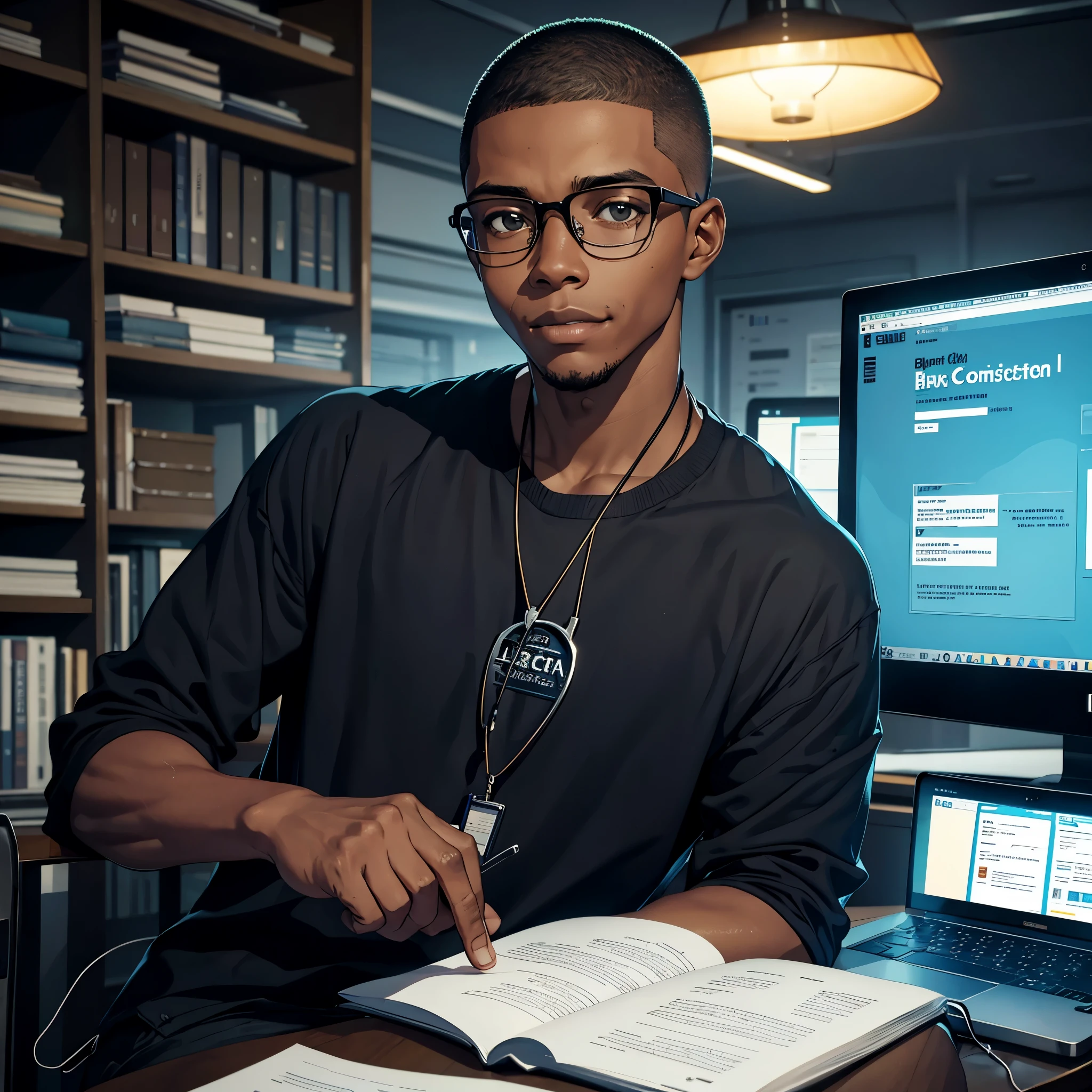 black male with glasses, buzzcut short hair, wire frame glasses, happy celebrating completing an online course in cyber security, sitting in front of computer