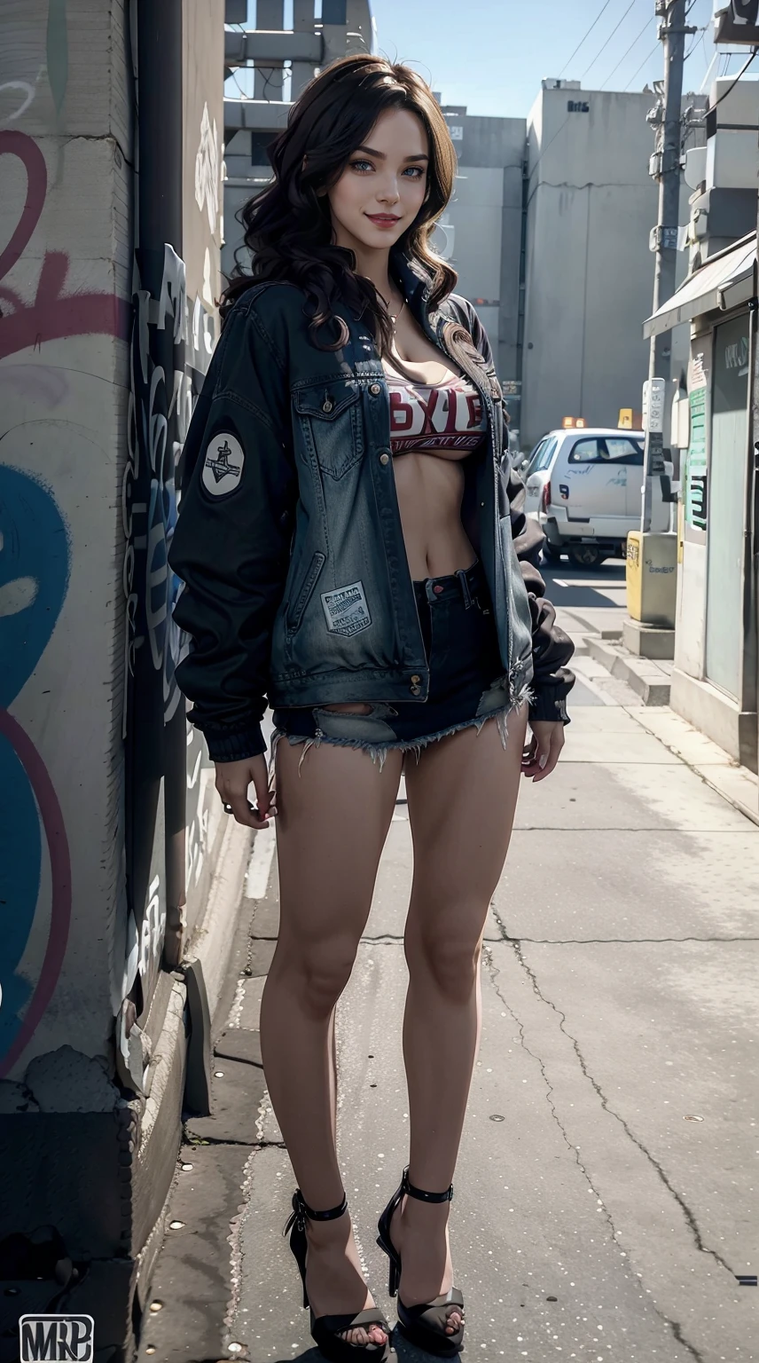 19-year-old woman、Hair color is brunette、Eye color is blue、Longhaire、wearing eye shadow and lipstick、Slender but well-proportioned muscular body、a smile、huge tit、is wearing jacket、He wears a shirt with a logo inside his jacket.、I'm wearing boyfriend denim、I'm wearing high heels、a smile、I'm in front of an old concrete wall with graffiti on it.