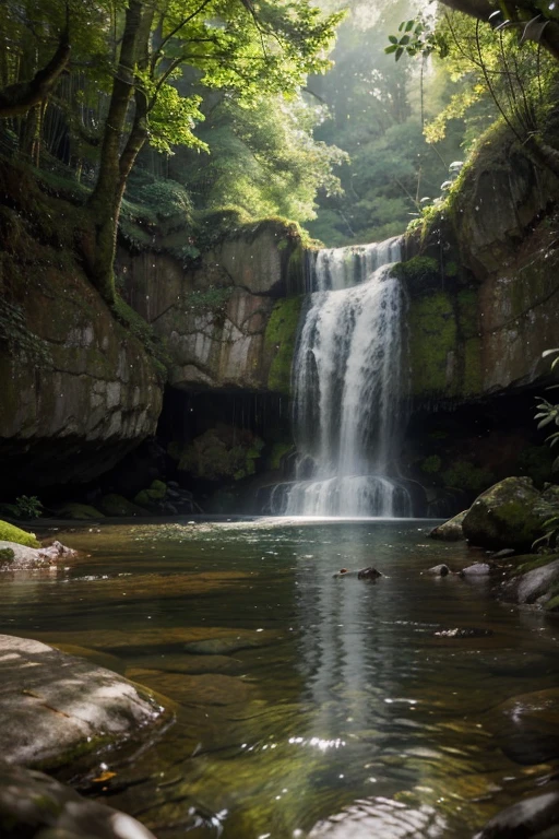 sprawling waterfall,gentle flowing water,surrounding lush greenery,misty and tranquil atmosphere,serene and soothing sounds,natural cascades,harmonious nature blend,(best quality,4k,highres:1.2),(realistic,photorealistic:1.37),ultra-detailed,stunning landscape,calming and peaceful,majestic water formation,refreshing scenery,zen-like ambiance,perfect harmony of water and nature,dreamy paradise, capturing the essence of relaxation and meditation,soft sunlight filtering through trees