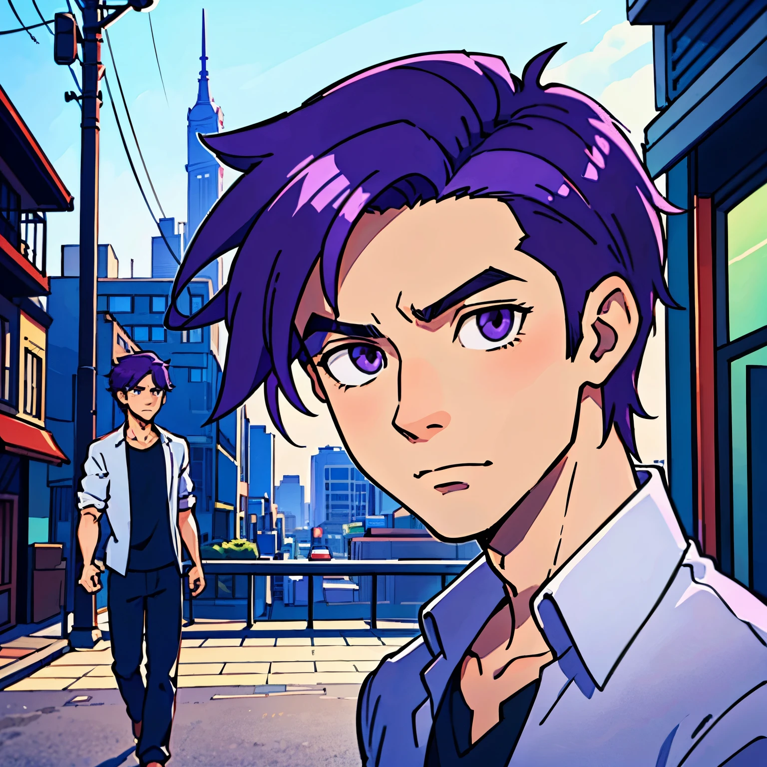 (best-quality:0.8),
(best-quality:0.8), perfect anime illustration, extreme closeup portrait of a handsome man, young man, short hair purple hair, walking through the city