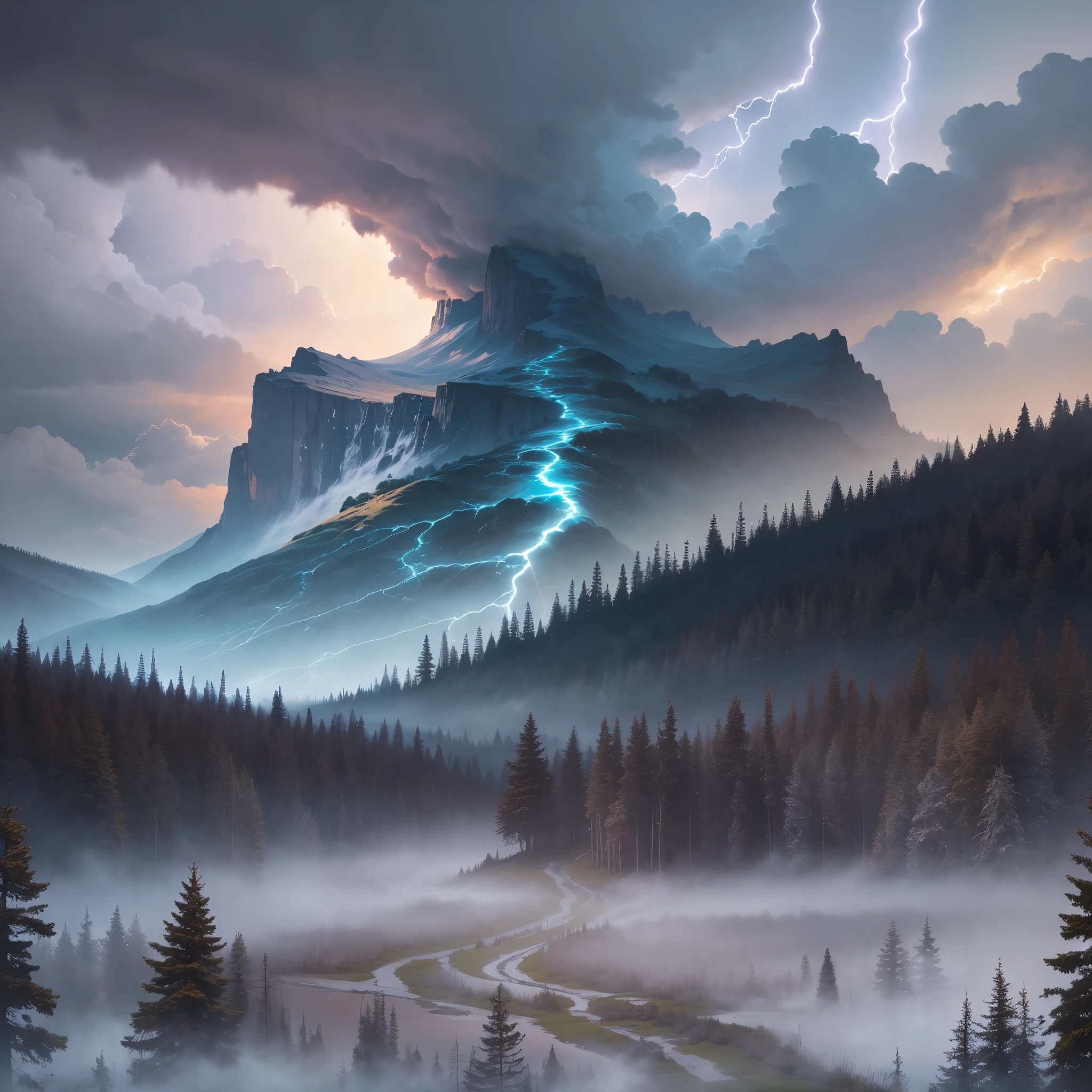 a thunderstorm with blue lightning over pine forest mountains.