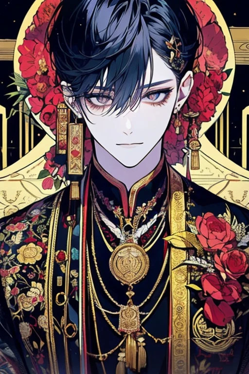 Unparalleled beauty,face perfect、The background is a park、Magazine covers、(Two men、Men only、Sleeping in bed),Perfect Eye、Golden Eyes、Egyptian costume、Lying in bed、Hookah、Traditional costumesに身を包んだ、Traditional costumes、、、ファッションmodeled、actor、modeled、brand costumes、ファッションMagazine covers、Gold decoration、provocative smiling、well-muscled、,