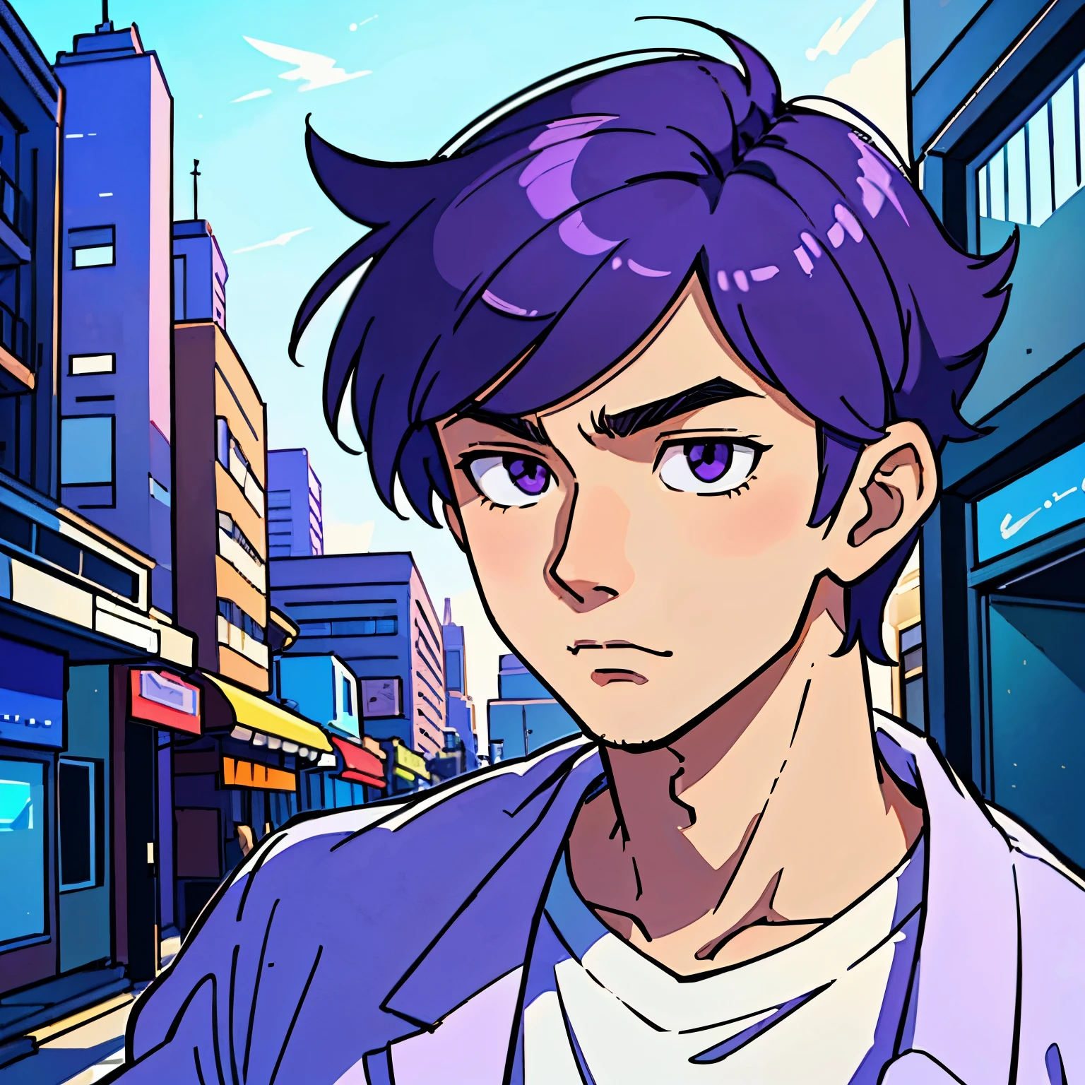 (best-quality:0.8),
(best-quality:0.8), perfect anime illustration, extreme closeup portrait of a handsome man, young man, short hair purple hair, walking through the city
