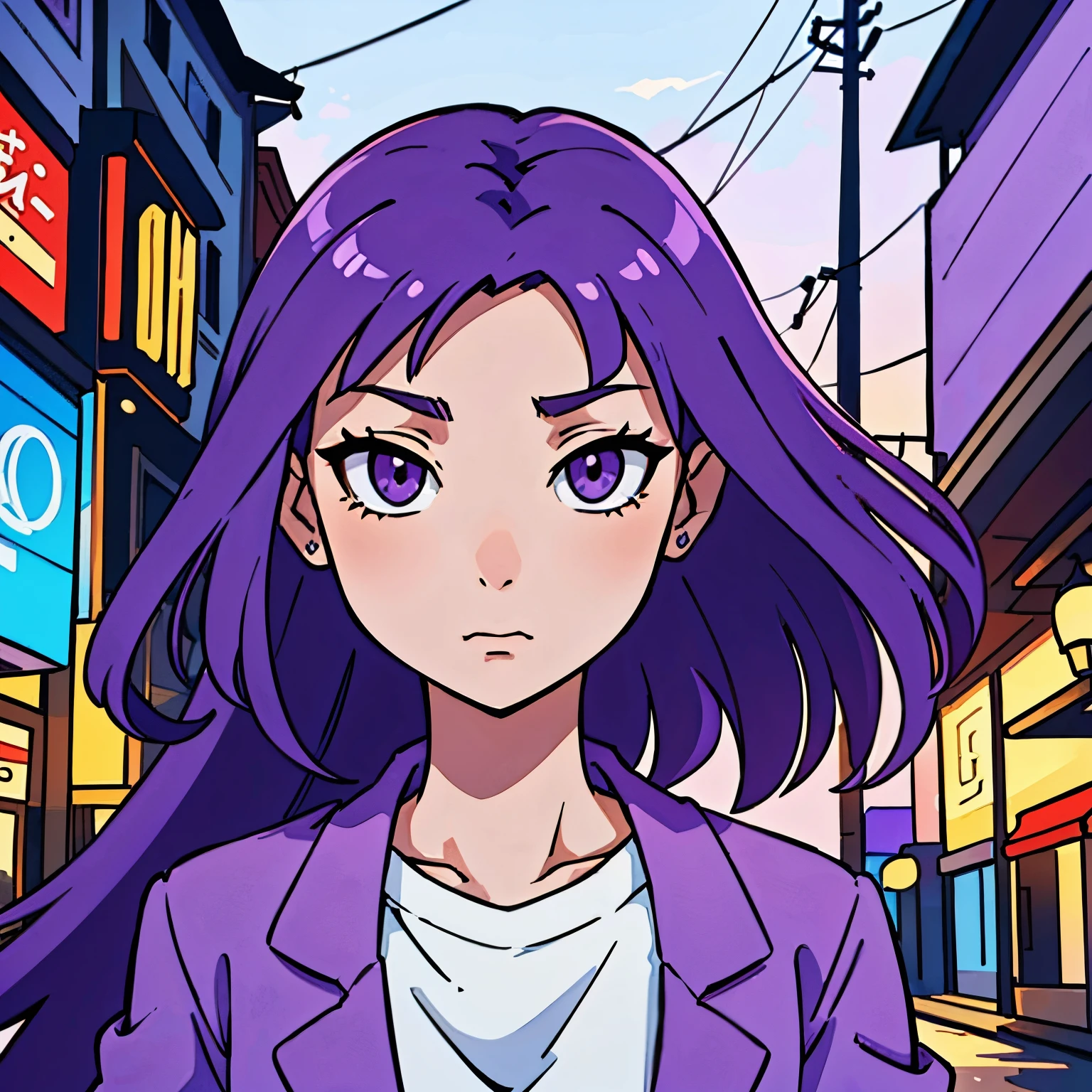 (best-quality:0.8),
(best-quality:0.8), perfect anime illustration, extreme closeup portrait of a pretty woman, purple hair, walking through the city