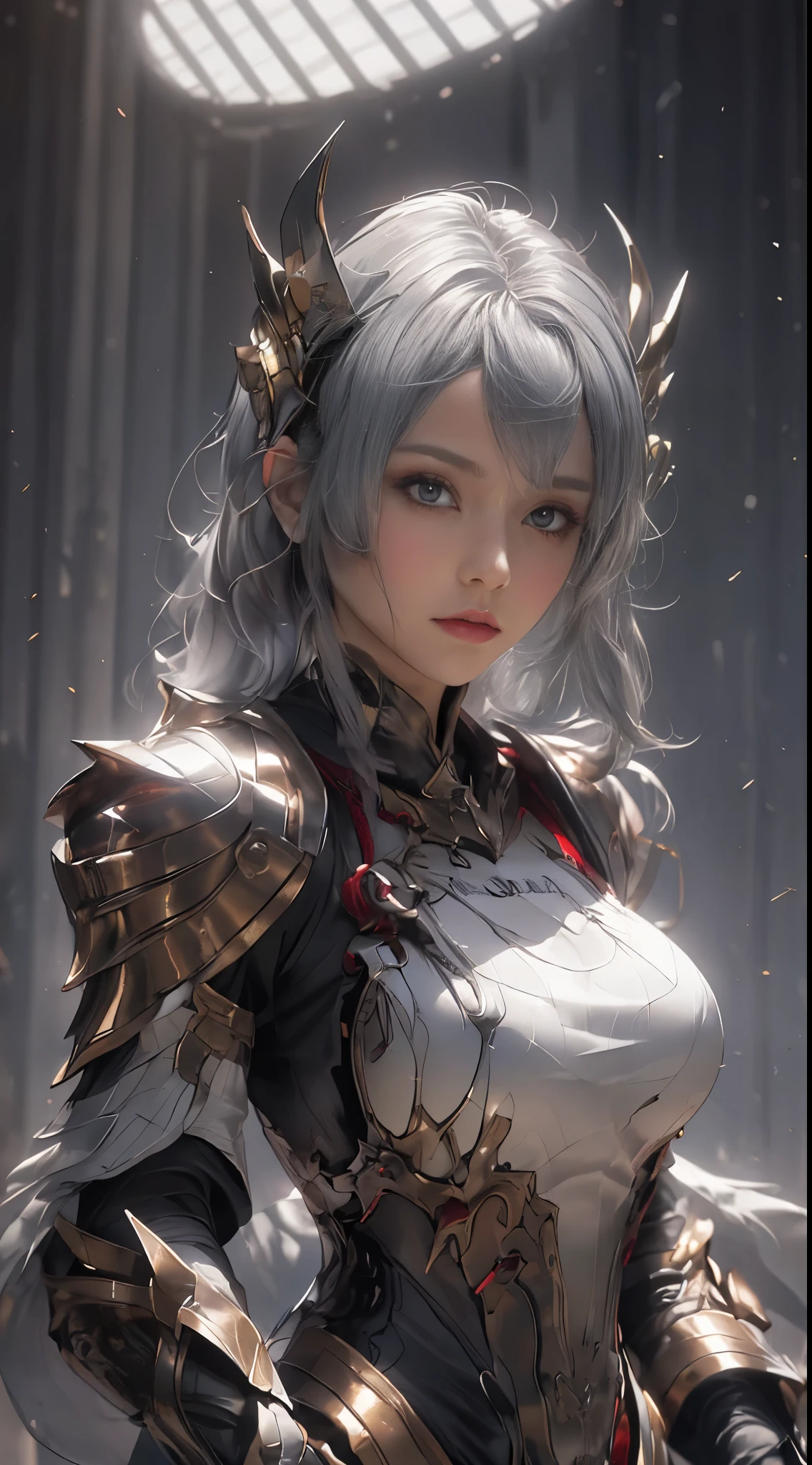 ((unreal enginee 5)), lifelike rendering, excellent, (Full Armor Body), (cloaks), looking in camera, Stand in the studio, Beautiful face, CGI Mix, (Photorealism:1.2), Ultra-realistic UHD face, beautiful body, ((Glowing skin)), ((Shiny skin)), Realistic body, ((She has a )), ((Clean skin)), Photorealistic, Bokeh, Motion Blur, masterpiece, high resolution, 1080p, Super Detail, Textured skin, ((close up to upper body)), ((large breast:1.2)), silver hair, drill hair:0.4