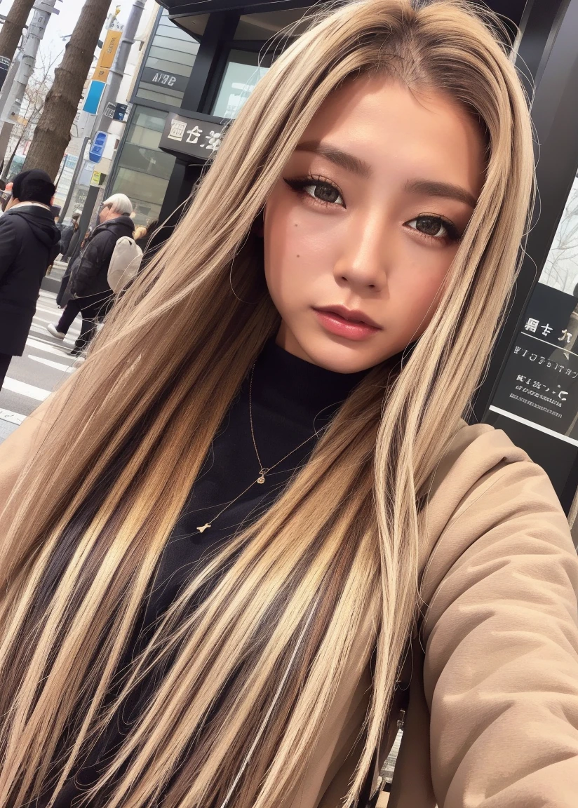 ​masterpiece、top-quality、超A high resolution、（photo realistic1.4）highers、asian human、(Brown race)、Black skin、blonde  hair、1girl in、nffsw,coat、tokyo street