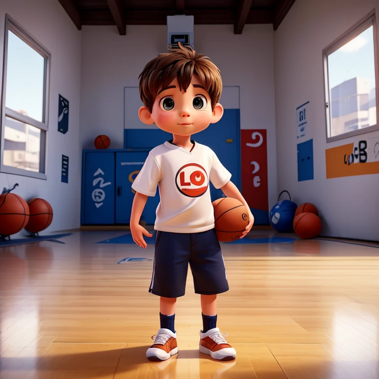 a little boy holding a basketball LÉO, and it is on the floor with graffiti The ball has a LÉO logo in white on the front. The floor is shaped like a basketball court and also has a Wilson logo in white on the floor. The image was taken in a street studio with controlled lighting. The background made up of real buildings